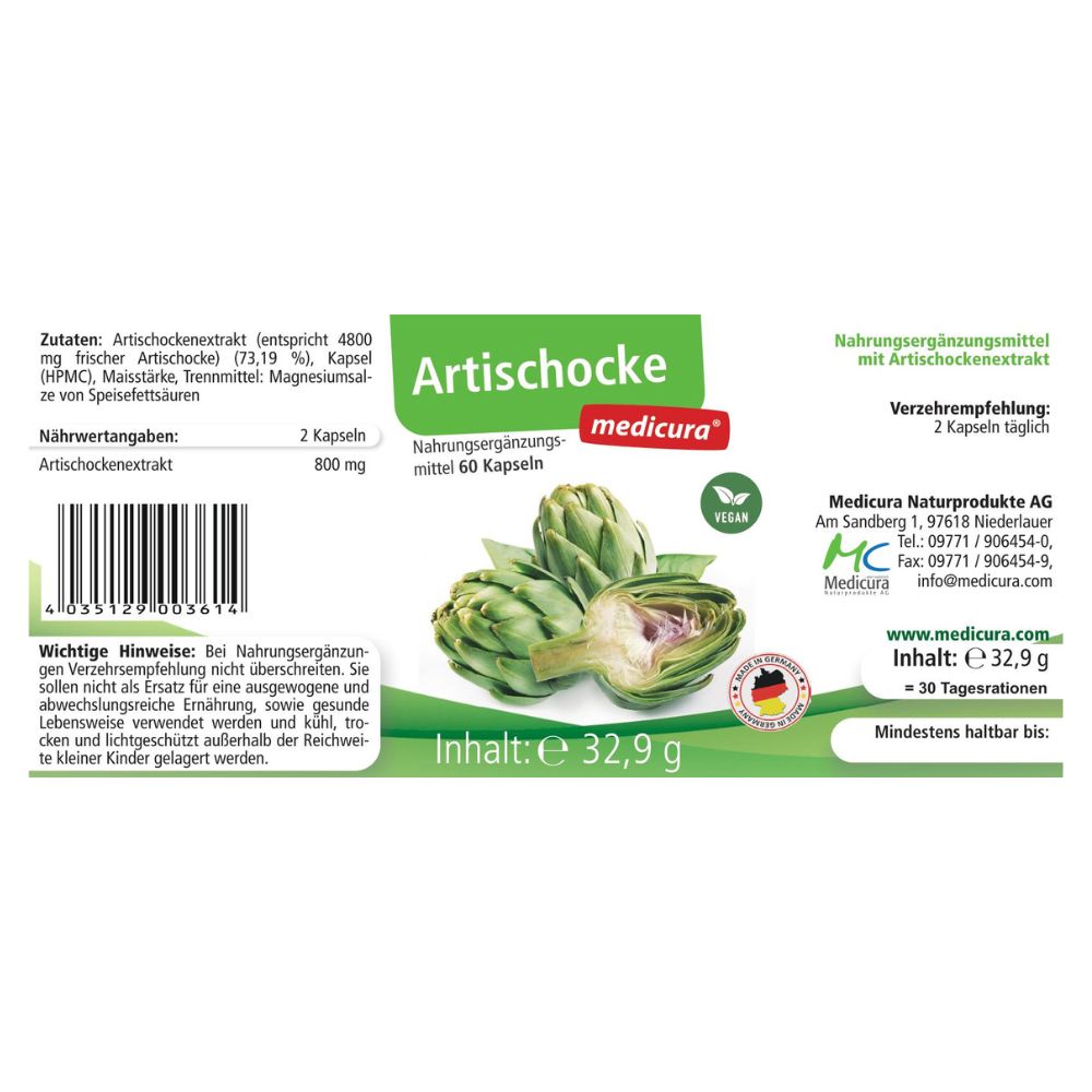 Rückseite der MEDICURA AG Artischocke Kapseln Verpackung mit Zutatenliste und Artischockenabbildung.