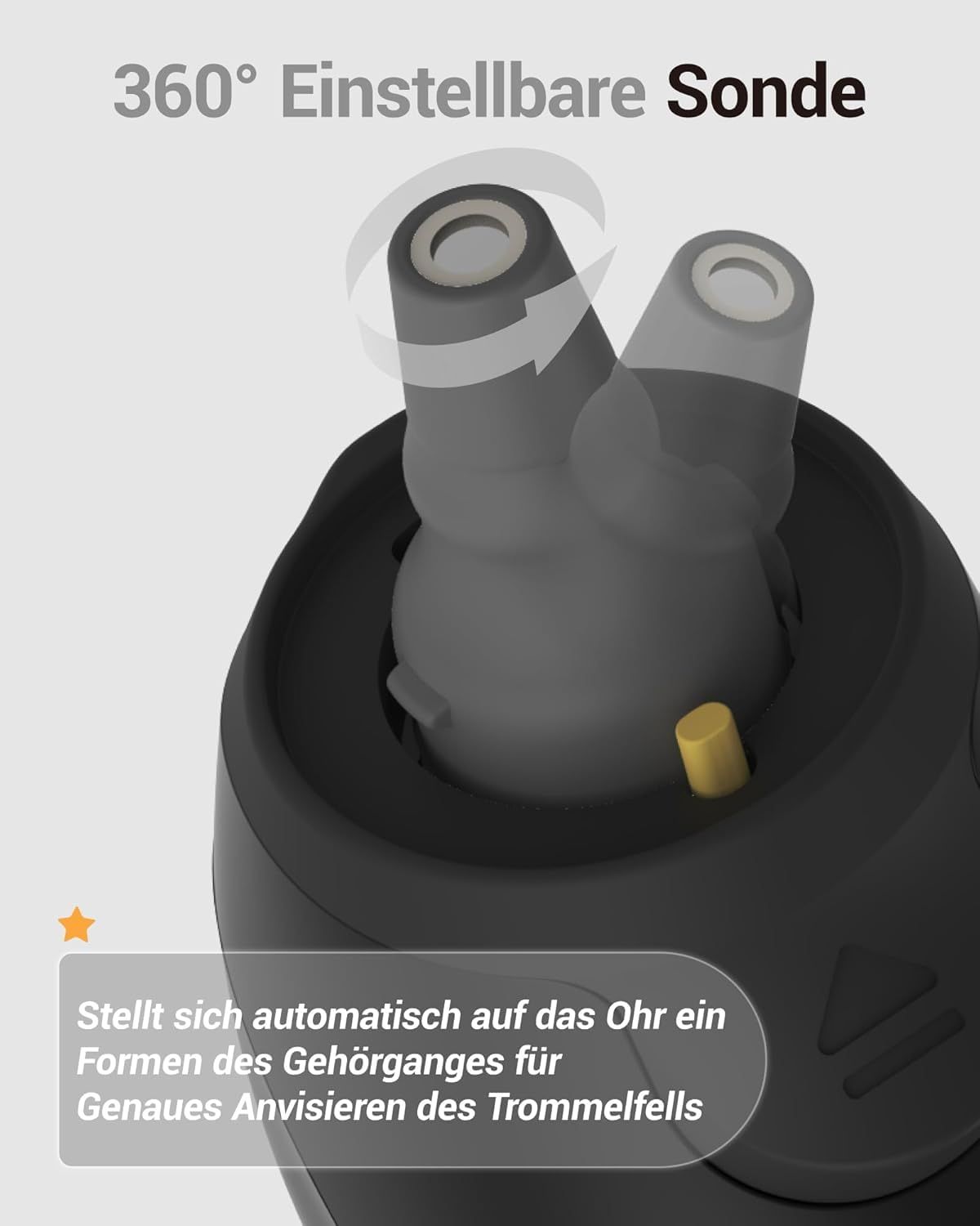 Nahaufnahme eines schwarzen Ohrthermometers. Zeigt die Spitze und die drehbare Sonde. Text: 360° Einstellbare Sonde. Grauer Hintergrund.