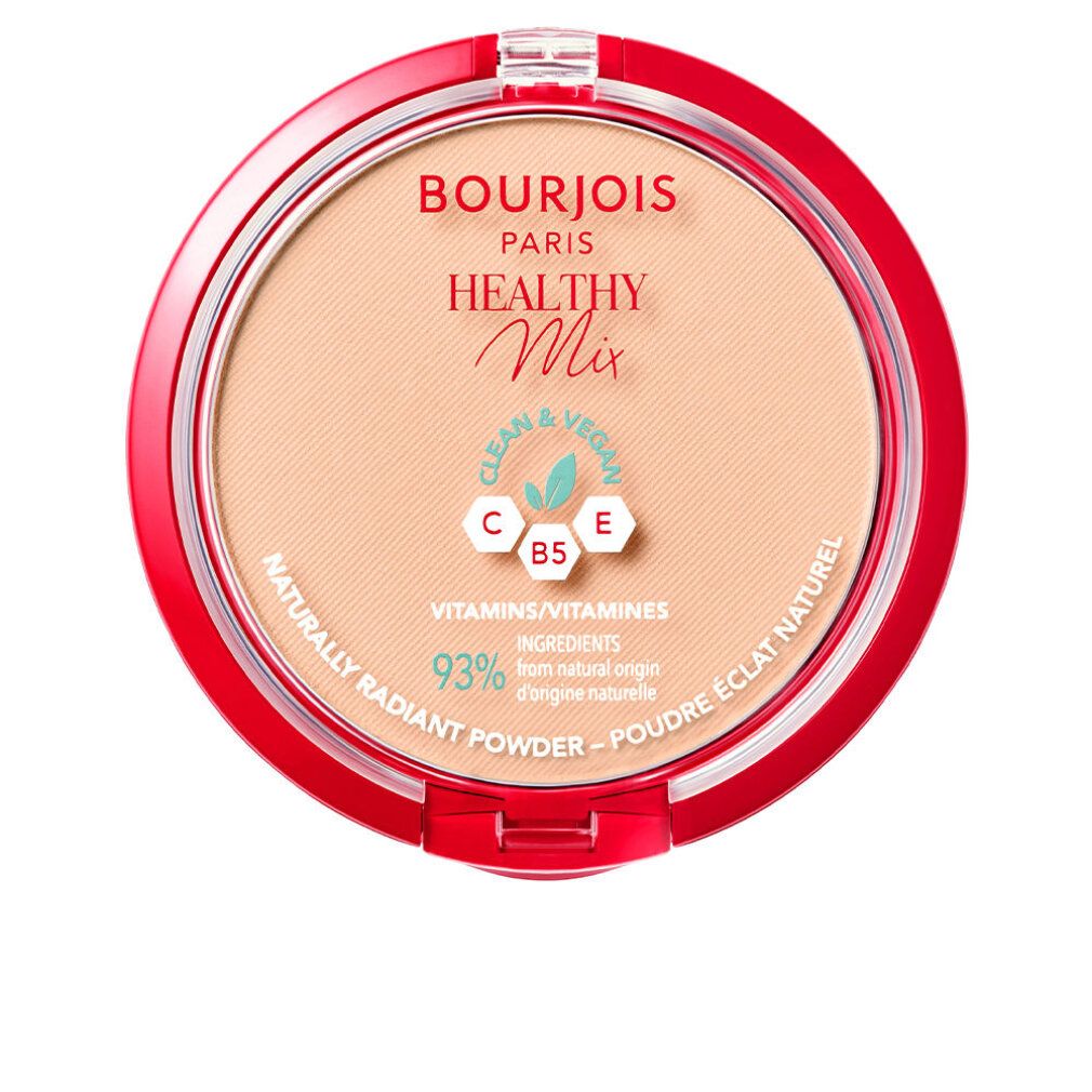 Runder, roter Puderbehälter. Aufschrift: Bourjois Healthy Mix. Mit hellbraunem Puder. Transparenter Deckel.