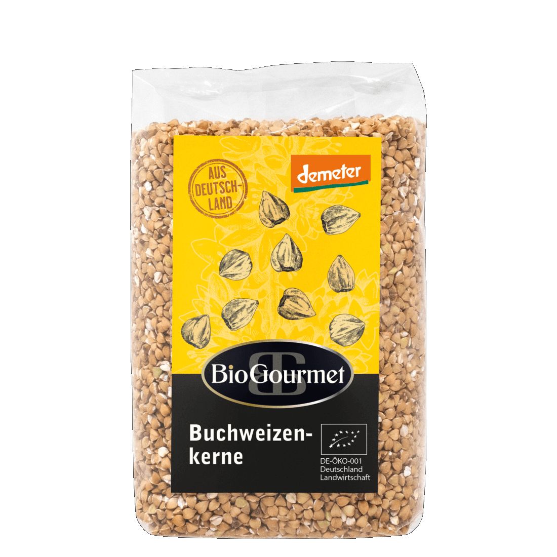 Klare Plastikverpackung mit Buchweizenkernen. Gelbes Etikett mit "demeter" und "Bio Gourmet". Text: "Buchweizenkerne".