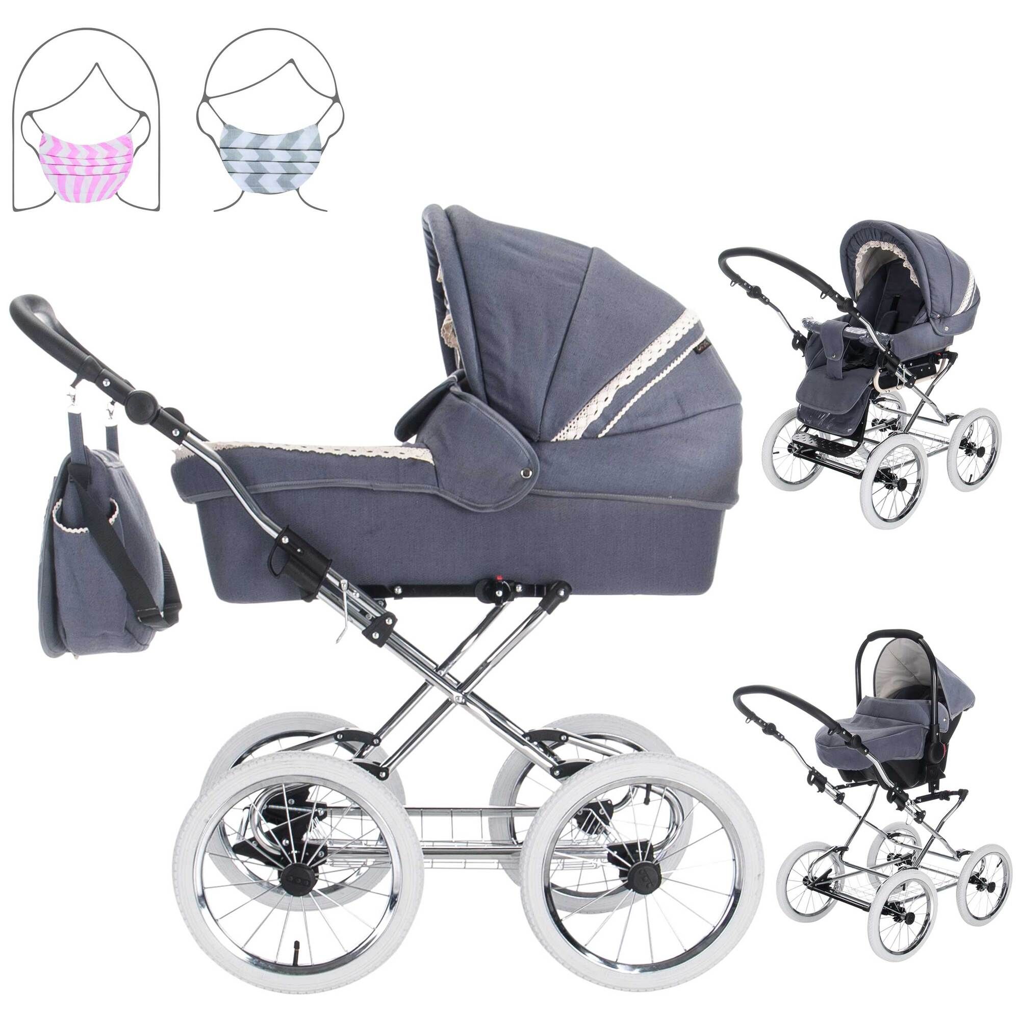 Friedrich Hugo Natureline 3 in 1 Kinderwagen Set Öko Nostalgie Kinderwagen, Elisabeth Stone Silver