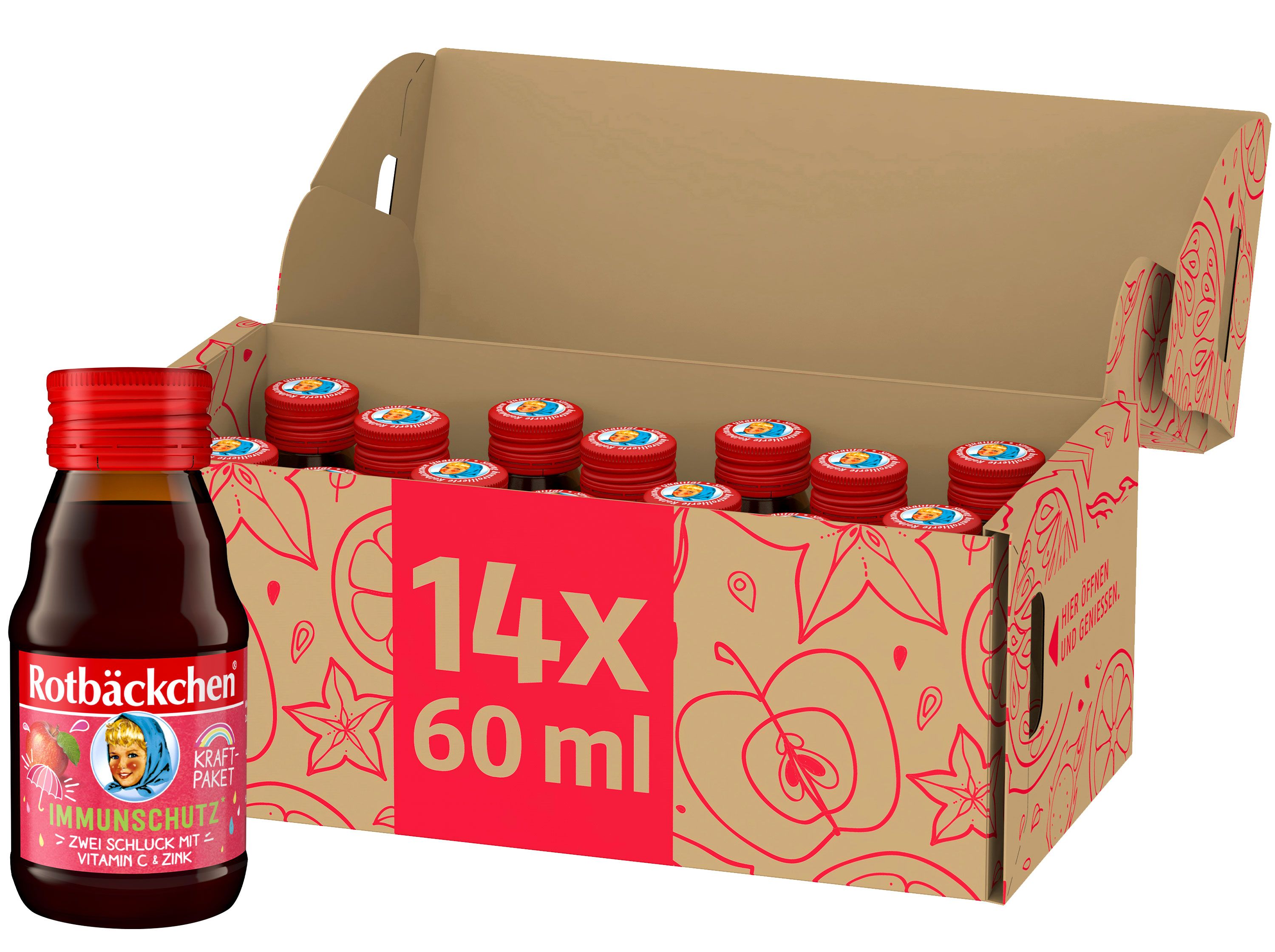 Karton mit 14 Flaschen. Rote Deckel, braune Flüssigkeit. Aufschrift: Rotbäckchen Immunschutz. 14x60 ml.