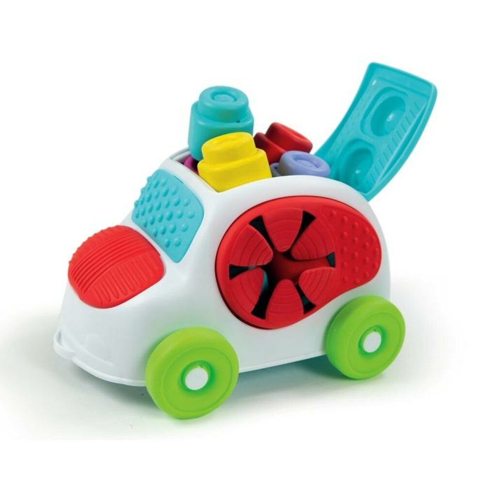 Weißes Spielzeugauto mit bunten Elementen und weichen Blöcken. Dach geöffnet.