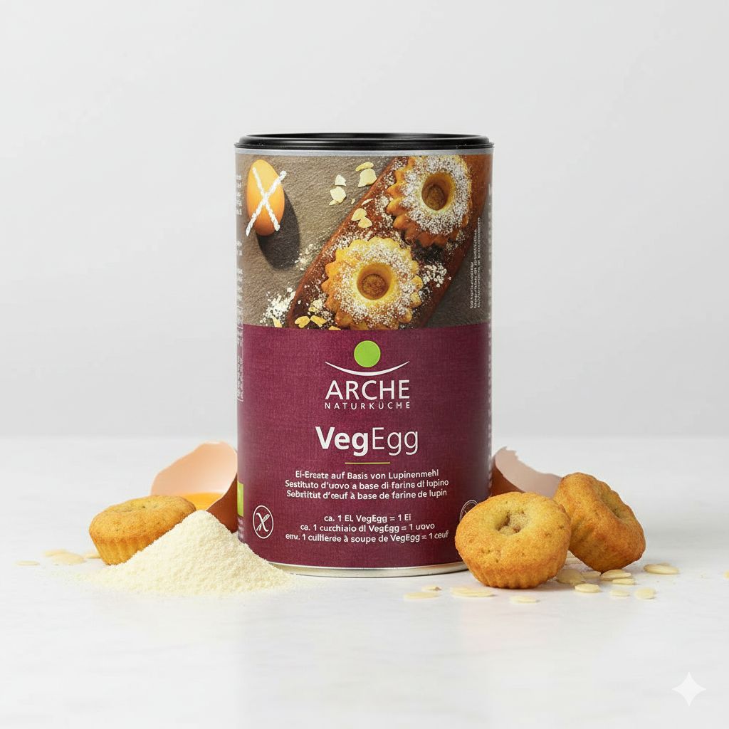 Arche VegEgg Ei-Ersatz Dose umgeben von kleinen Küchlein, Eierschalen und Mandelblättchen. Pulver auf Löffel.