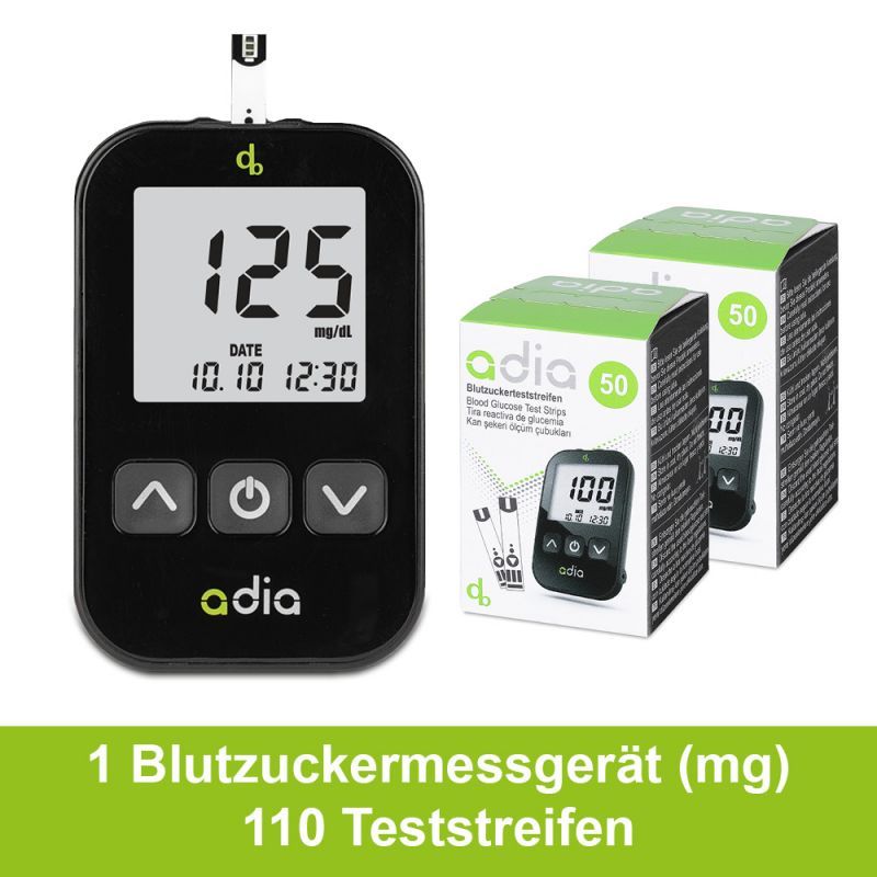 adia Diabetes-Set: Blutzuckermessgerät (mg/dl) mit 110 Blutzuckerteststreifen 1 St Set