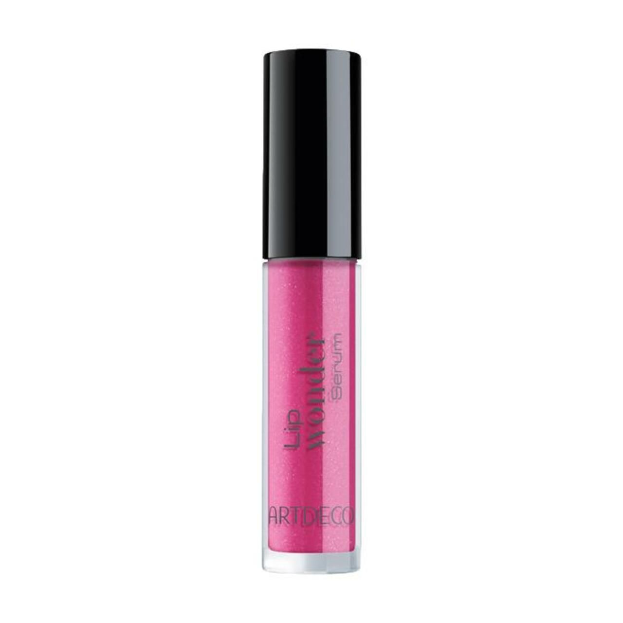 Artdeco Lip Wonder Serum. Transparente Tube mit pinkfarbenem Inhalt und schwarzem Deckel. Schriftzug.