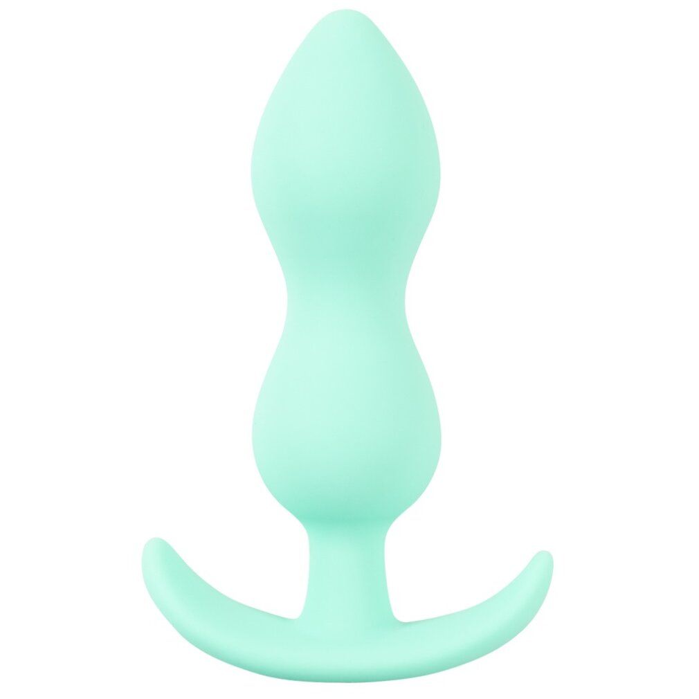 Hellgrüner Analplug mit tropfenförmigem Kopf und gebogener Basis. Material: Silikon.