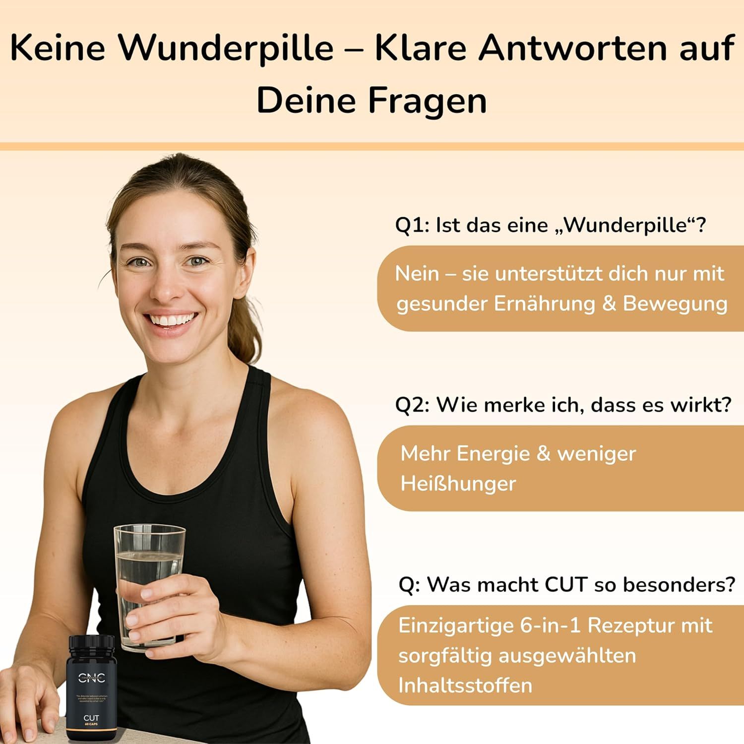 Frau mit Produktflasche und Glas Wasser, beantwortet Fragen zu CUT Kapseln.