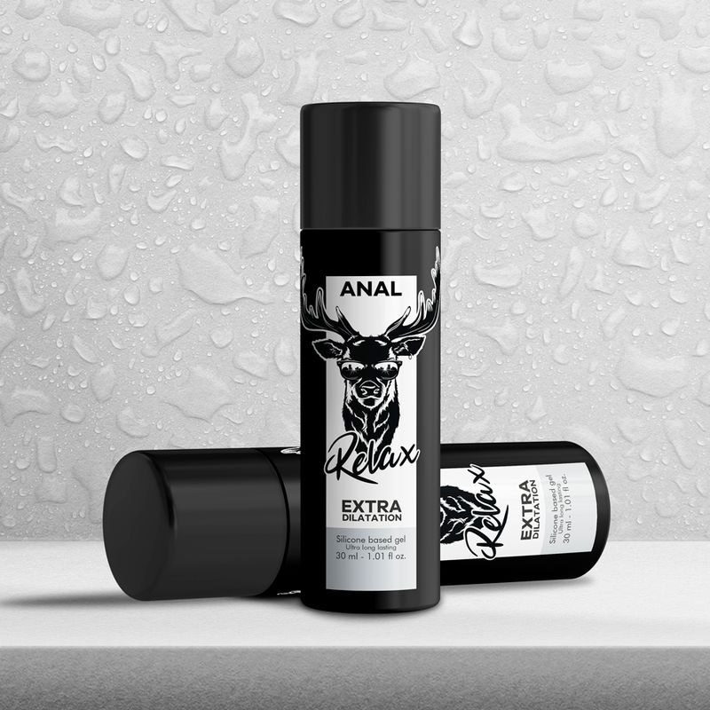 Schwarze Flasche mit "ANAL Relax EXTRA DILATATION" und Hirschkopf-Logo. Silikonbasiertes Gel, 30 ml.
