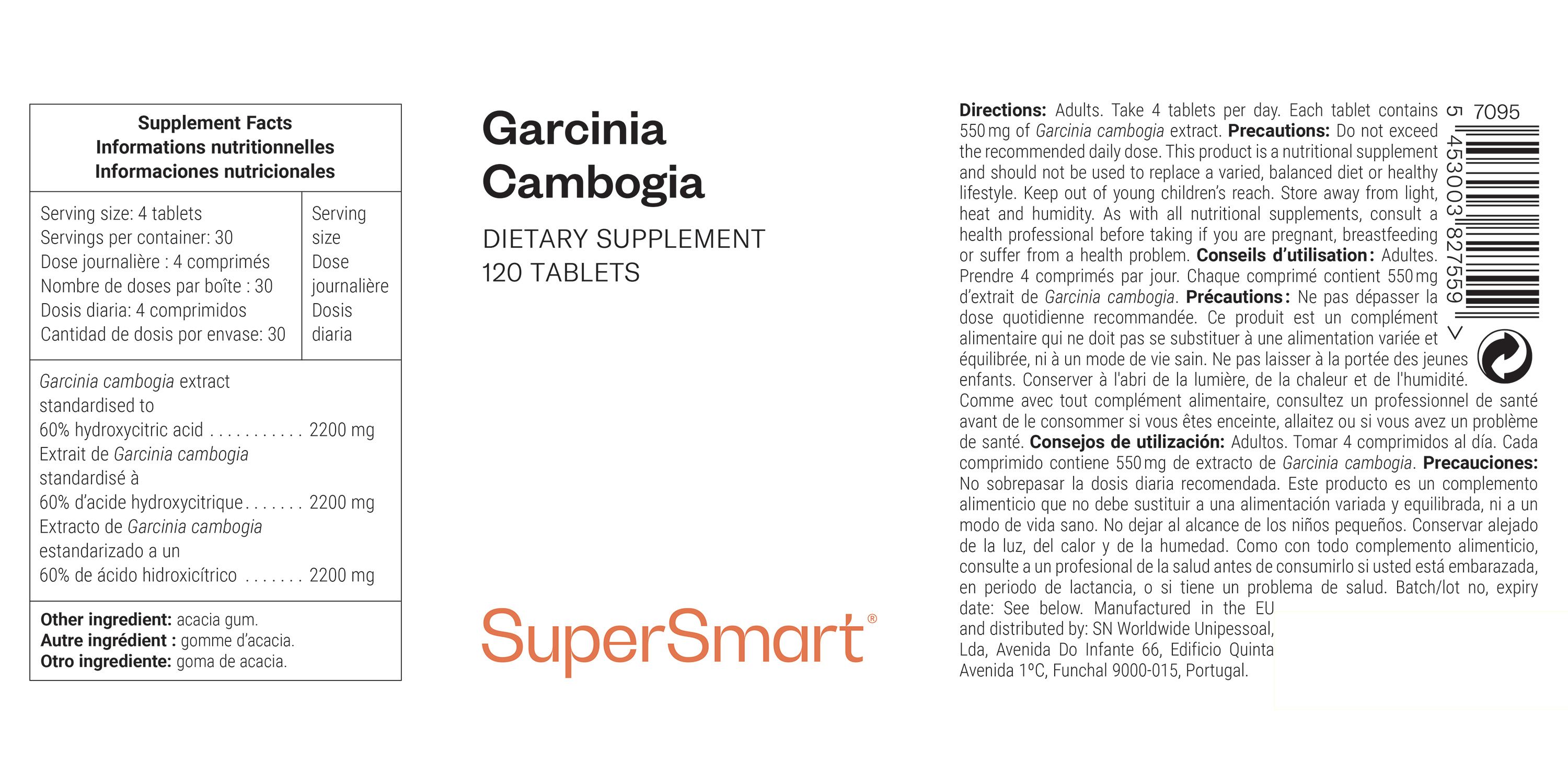 Garcinia cambogia Tabletten-Packung. Text: SuperSmart, 120 Tabletten, Diätetisches Ergänzungsmittel. Zutatenliste.