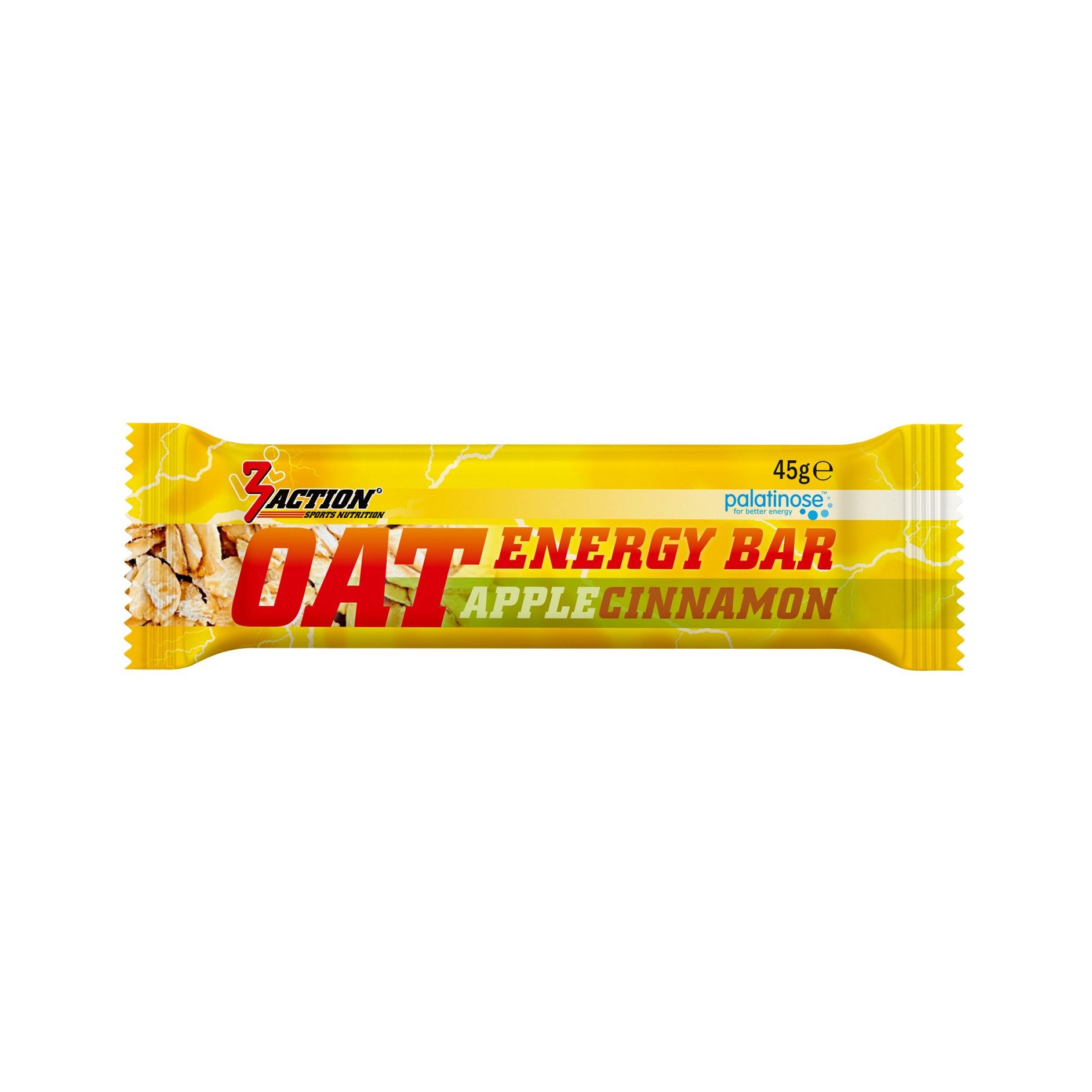Gelber Riegel mit Aufschrift "Oat Energy Bar Apple Cinnamon". Enthält 45g. Marke: 3Action.