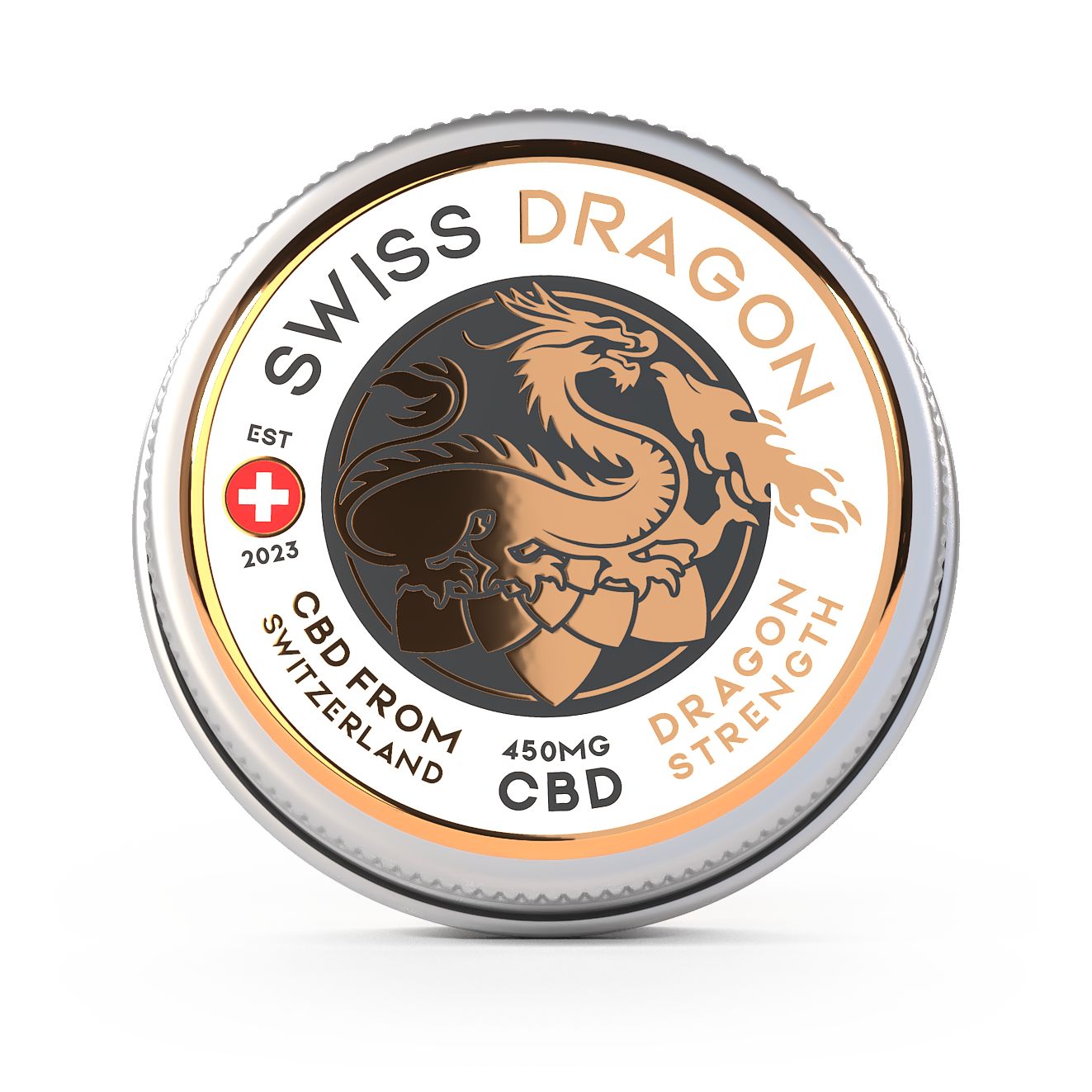 Runde Dose mit silbernem Rand. Aufschrift: SWISS DRAGON, CBD FROM SWITZERLAND, 450mg CBD. Logo: Drache.