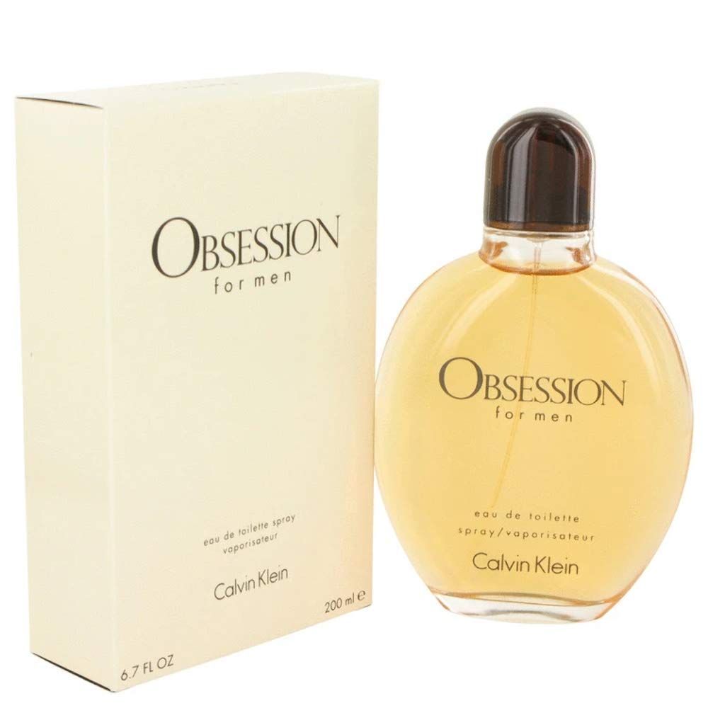 Obsession for men Flakon und Verpackung. Flakon rund, hellgelb. Verpackung beige mit Obsession und Calvin Klein.