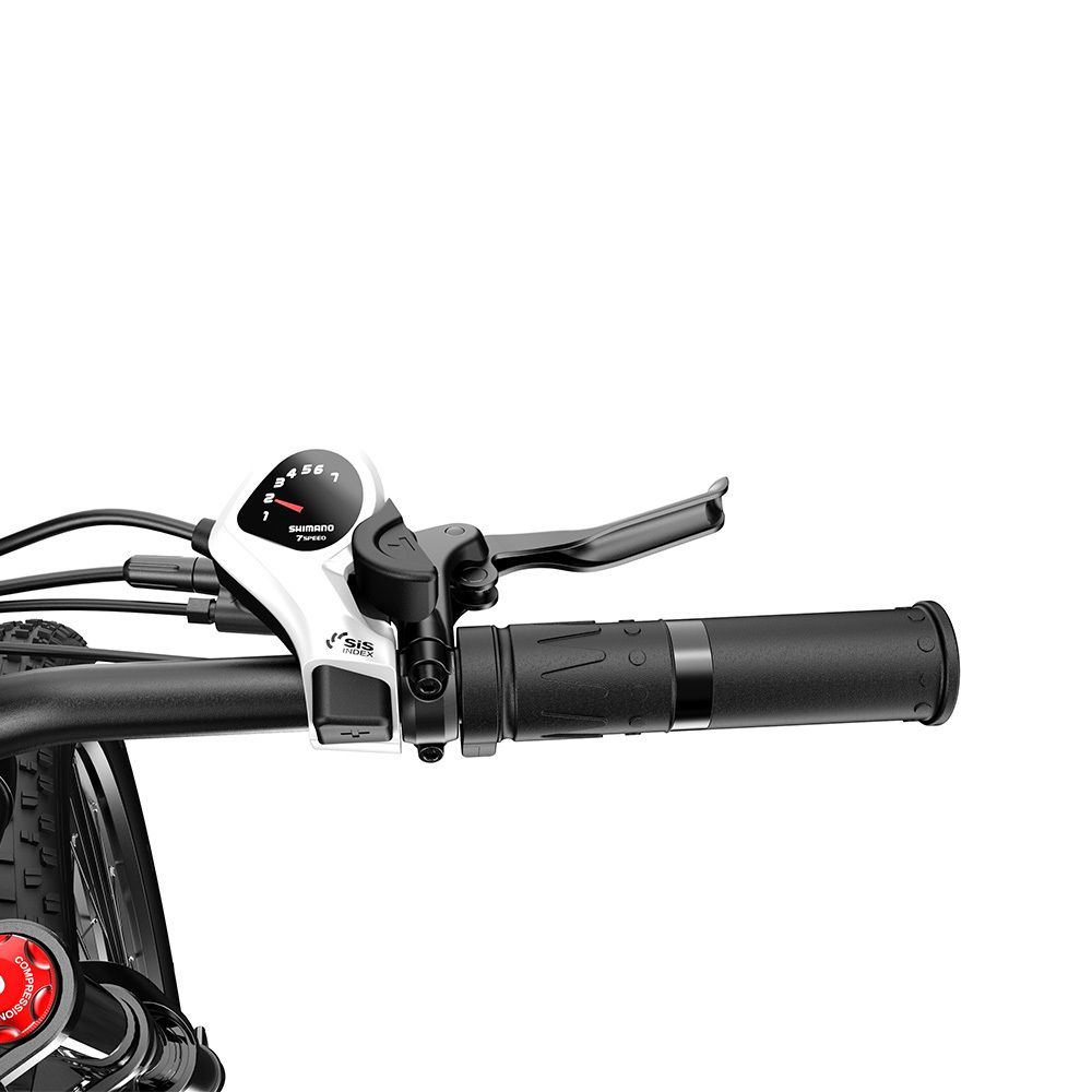 Fahrradlenker mit Bedienelementen. Schwarzer Lenker, weißes Bedienfeld, schwarzer Griff.