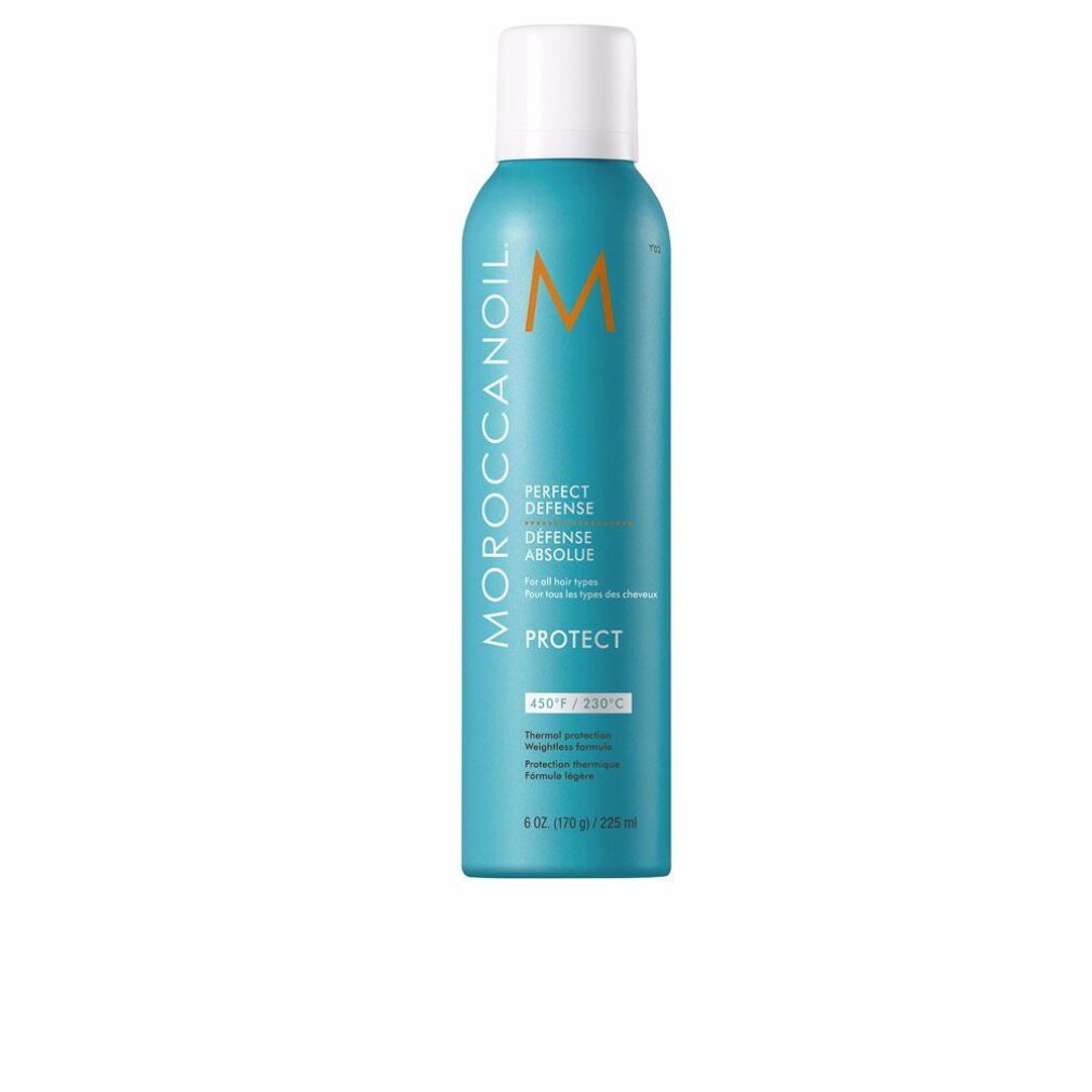 Türkisfarbene Sprühflasche mit weißem Deckel. Aufschrift: Moroccanoil, Perfect Defense, Protect. Temperaturangabe.