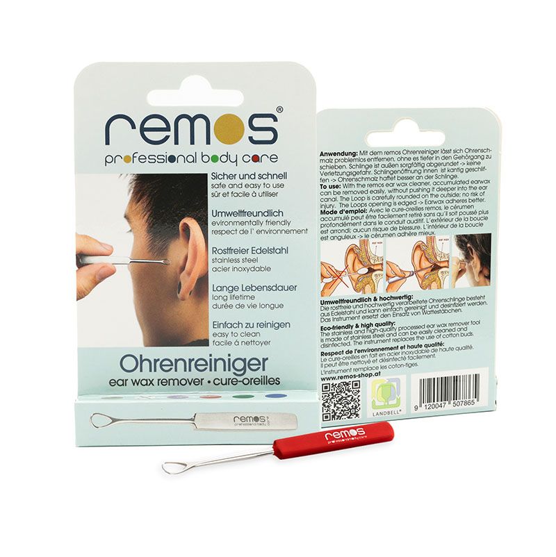 Verpackung mit Ohrreiniger und Anwendungsbeispielen. Text: Ohrreiniger, rostfreier Edelstahl, einfach zu reinigen. Marke: remos.
