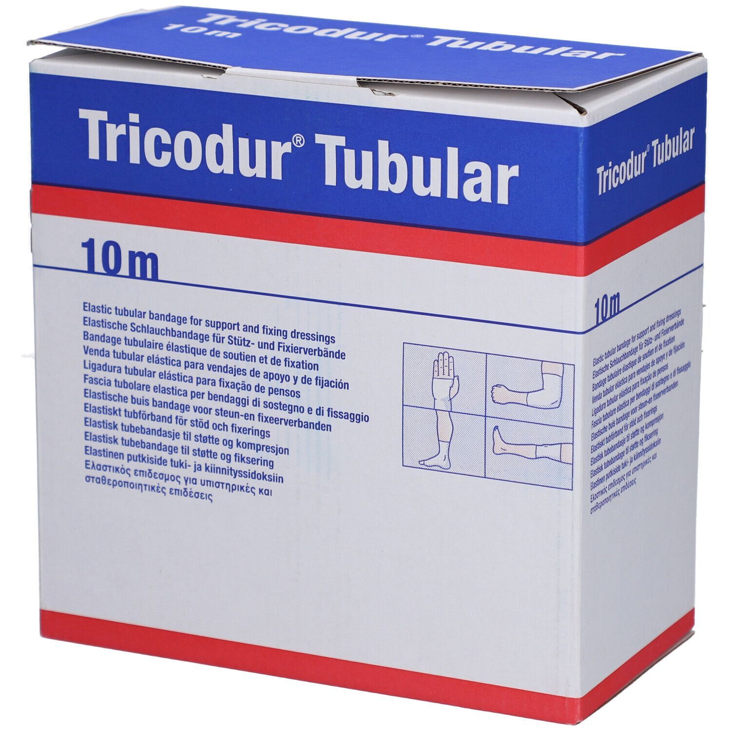 Tricodur® Tubular Verpackung. Blaue und weiße Schachtel mit Produktnamen und 10m Angabe. Illustrationen.