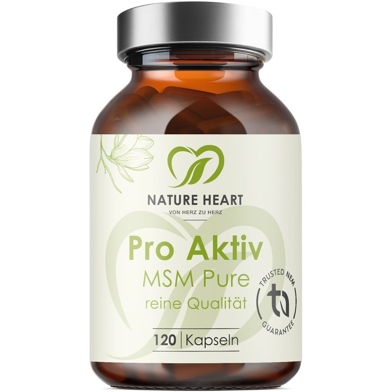 Braune Glasflasche mit Kapseln. Aufschrift: Pro Aktiv MSM Pure, 120 Kapseln. Logo: Nature Heart.