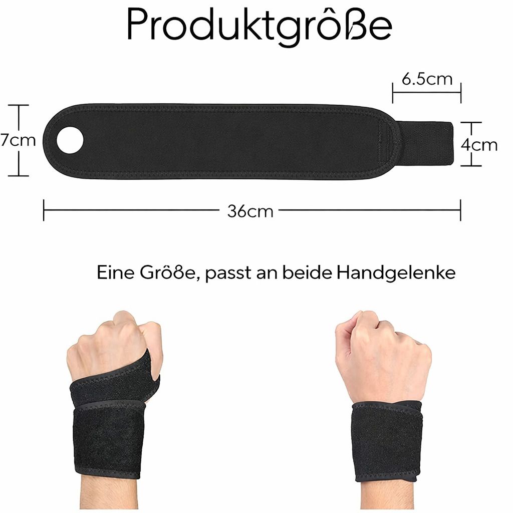 Schwarze Handgelenkbandage mit Maßen. 36cm lang, 7cm hoch, 4cm breit. Eine Größe, passt an beide Handgelenke.