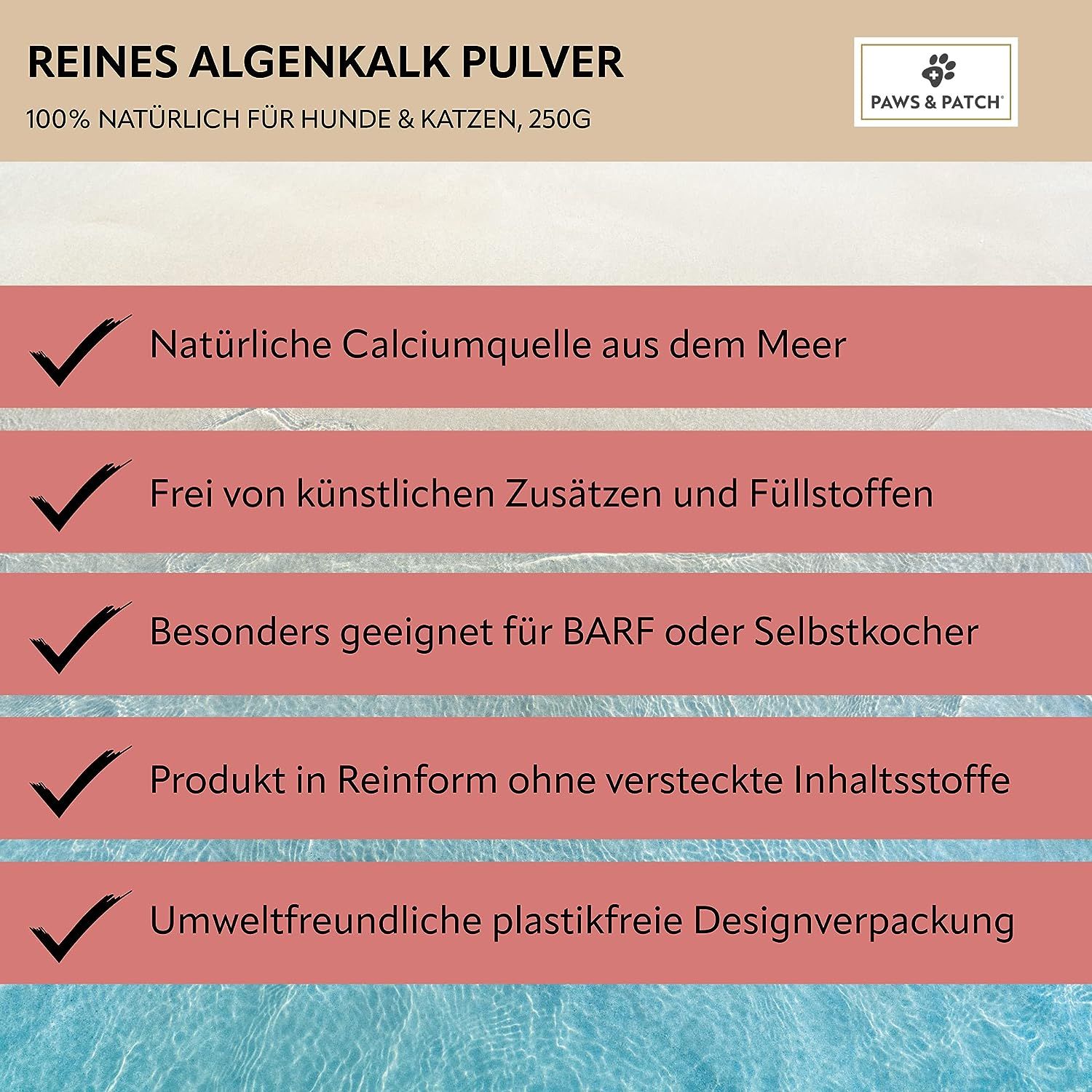 Infografik mit Text: Natürliche Calciumquelle, frei von Zusätzen, geeignet für BARF, Produkt in Reinform, plastikfreie Verpackung.
