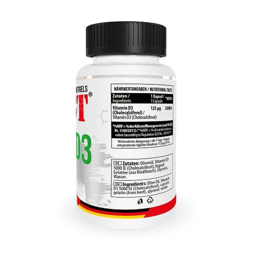 Weißes Fläschchen mit schwarzem Deckel. Aufschrift: MST Vitamin D3. Enthält 120 Softgels. Details zu Vitamin D3 und Inhaltsstoffen.