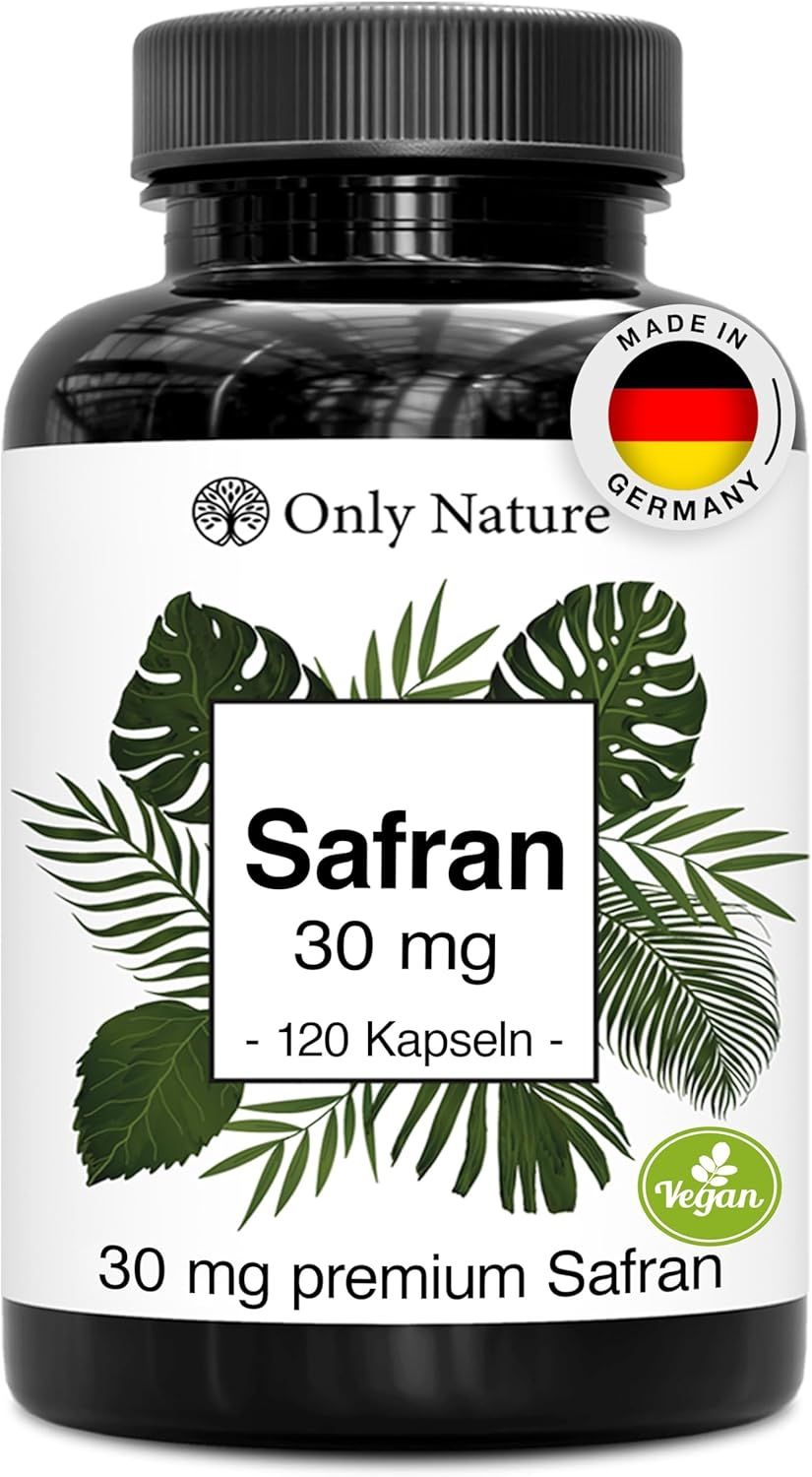 Schwarze Flasche mit Safran Kapseln. Aufschrift: Safran 30 mg, 120 Kapseln. Vegan-Siegel. Made in Germany.