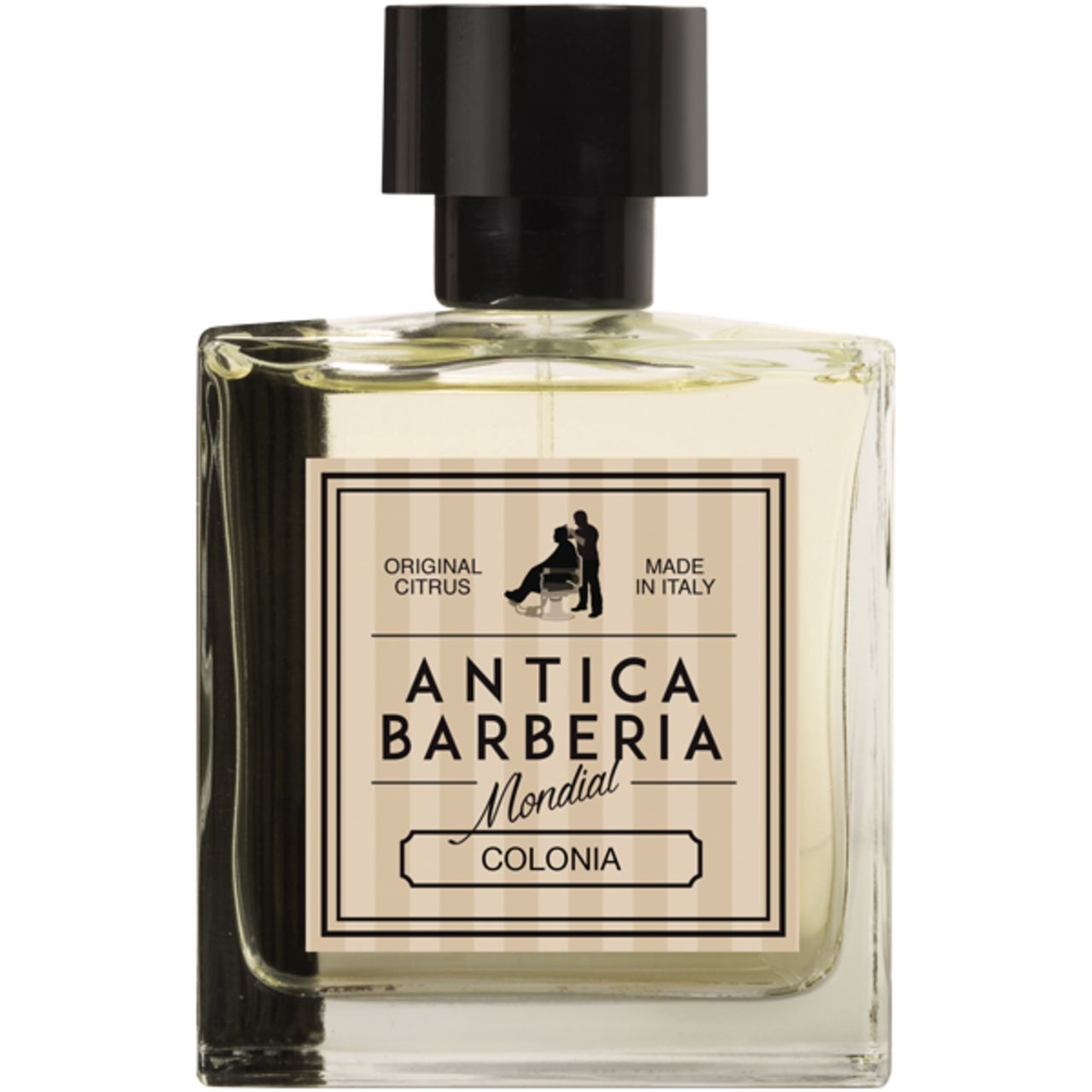 Rechteckige Glasflasche mit schwarzem Verschluss. Auf dem Etikett steht "Antica Barberia Mondial Colonia".