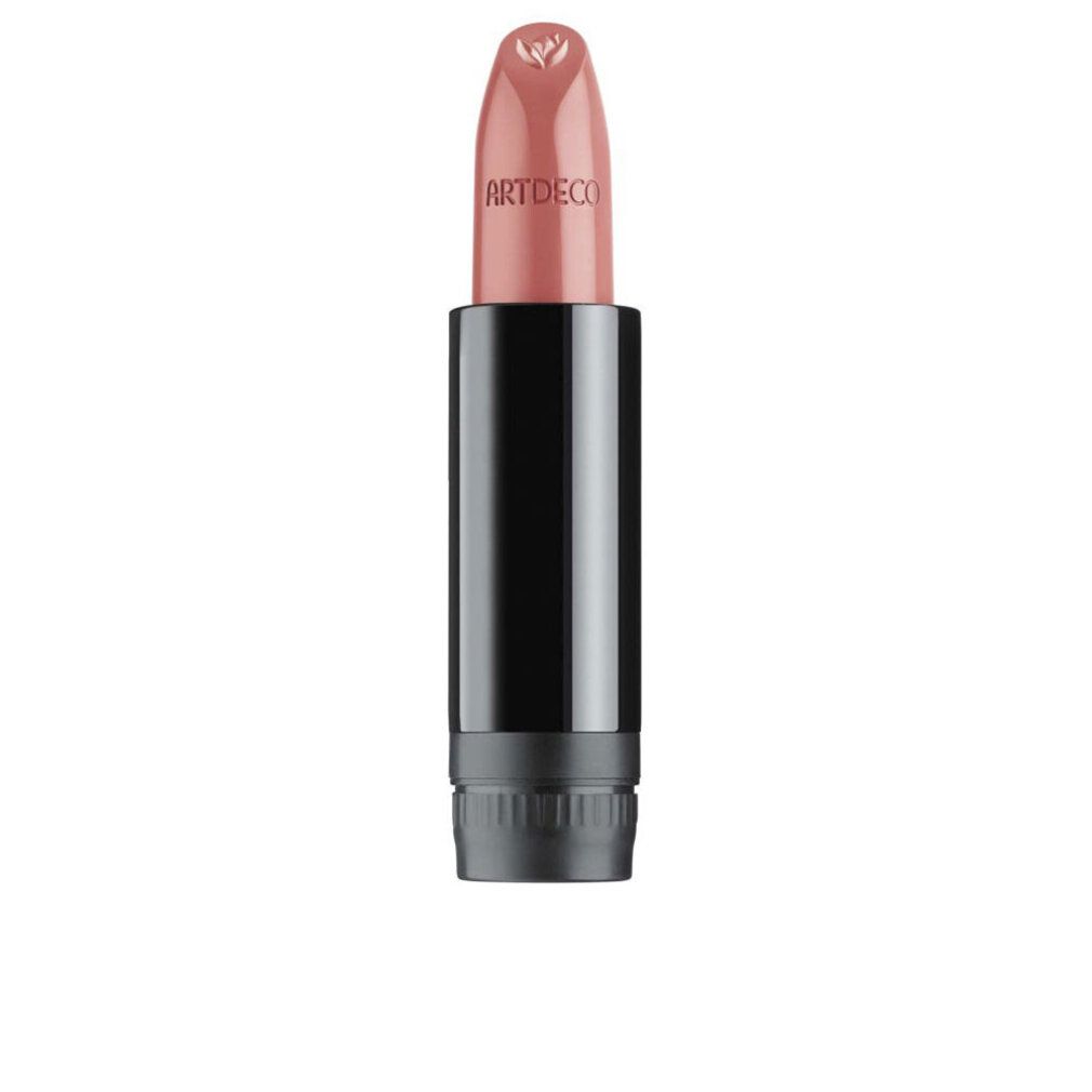 Lippenstift, rosa Farbton. Schwarze Hülse mit Artdeco-Schriftzug. Oberteil mit floralem Muster.