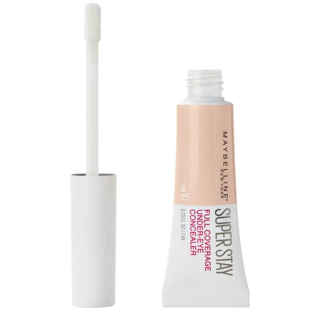 Maybelline Super Stay Korrektor, Tube mit Applikator. Text: Full Coverage Under-Eye Concealer. Farbton 10.