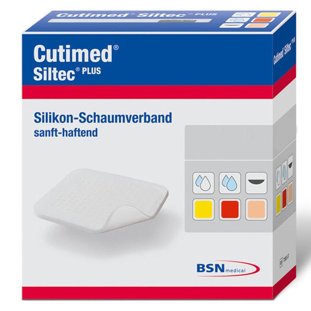 Verpackung von Cutimed Siltec Plus. Blaue Box mit Produktname und einem weißen Silikon-Schaumverband. BSN medical Logo.