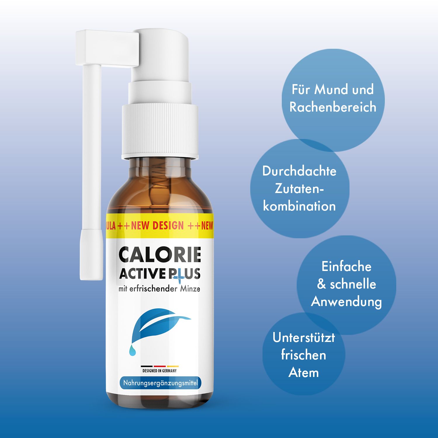 Braune Sprühflasche mit weißem Sprühkopf. Aufschrift: CALORIE ACTIVE PLUS mit erfrischender Minze. Blaue Blattform.