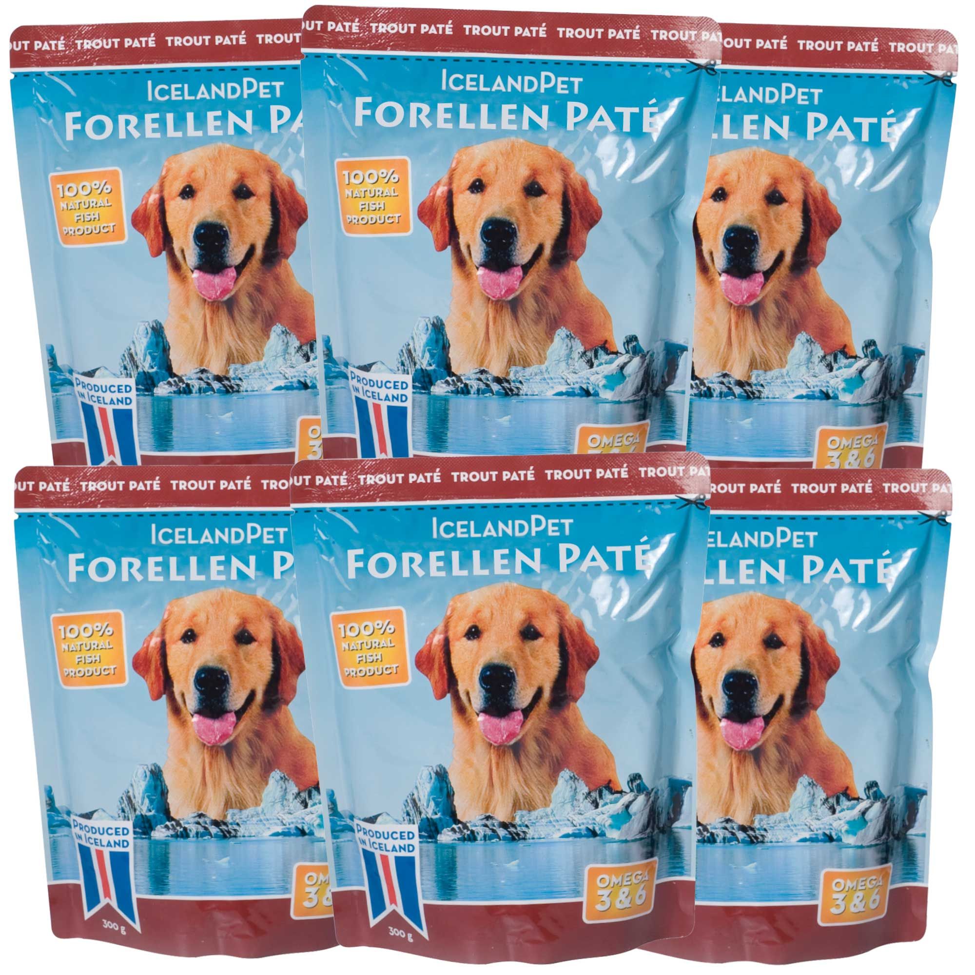 Sechs Beutel Forellen-Pastete für Hunde. Aufdruck: Iceland Pet, Forellen Paté, 100% natürliches Fischprodukt. Omega 3&6.
