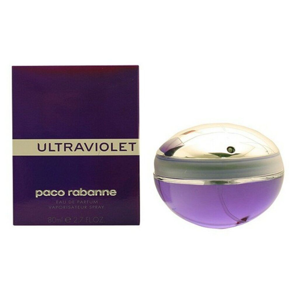 Violetter Flakon mit silbernem Deckel und Verpackung. Auf der Verpackung steht "ULTRAVIOLET" und "paco rabanne".