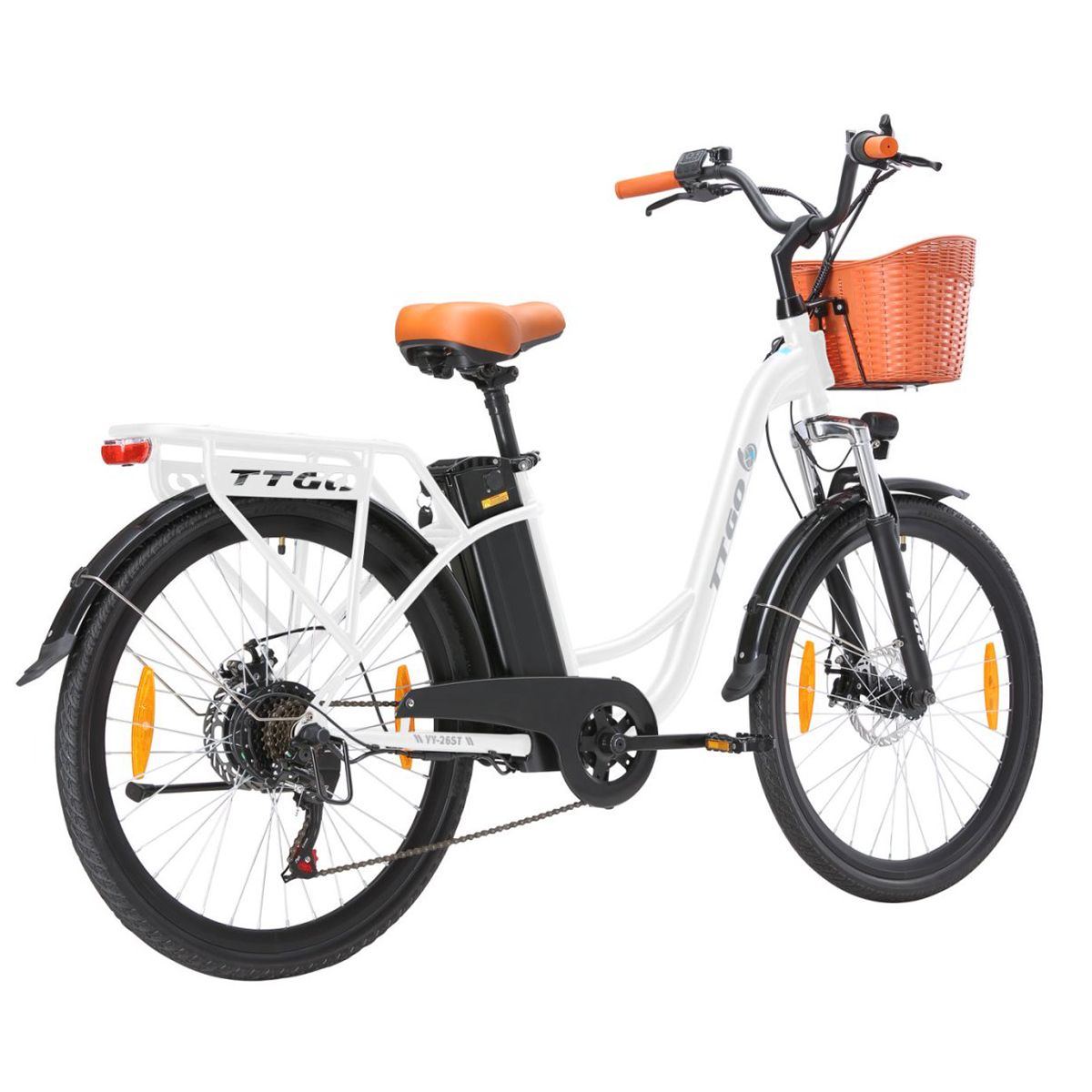 Weißes Elektrofahrrad mit Korb, braunem Sattel und Lenkergriffen. Schwarze Schutzbleche und Reifen. TTGO-Logo.