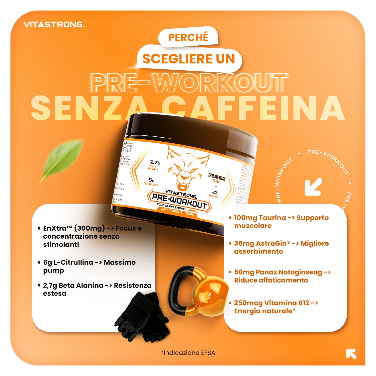 Dose Vitastrong Pre-Workout, Text: Pre-Workout, ohne Koffein. Enthält 6g L-Citrullin, 2,7g Beta Alanin. Zusätzliche Elemente: Handschuhe, Hantel.
