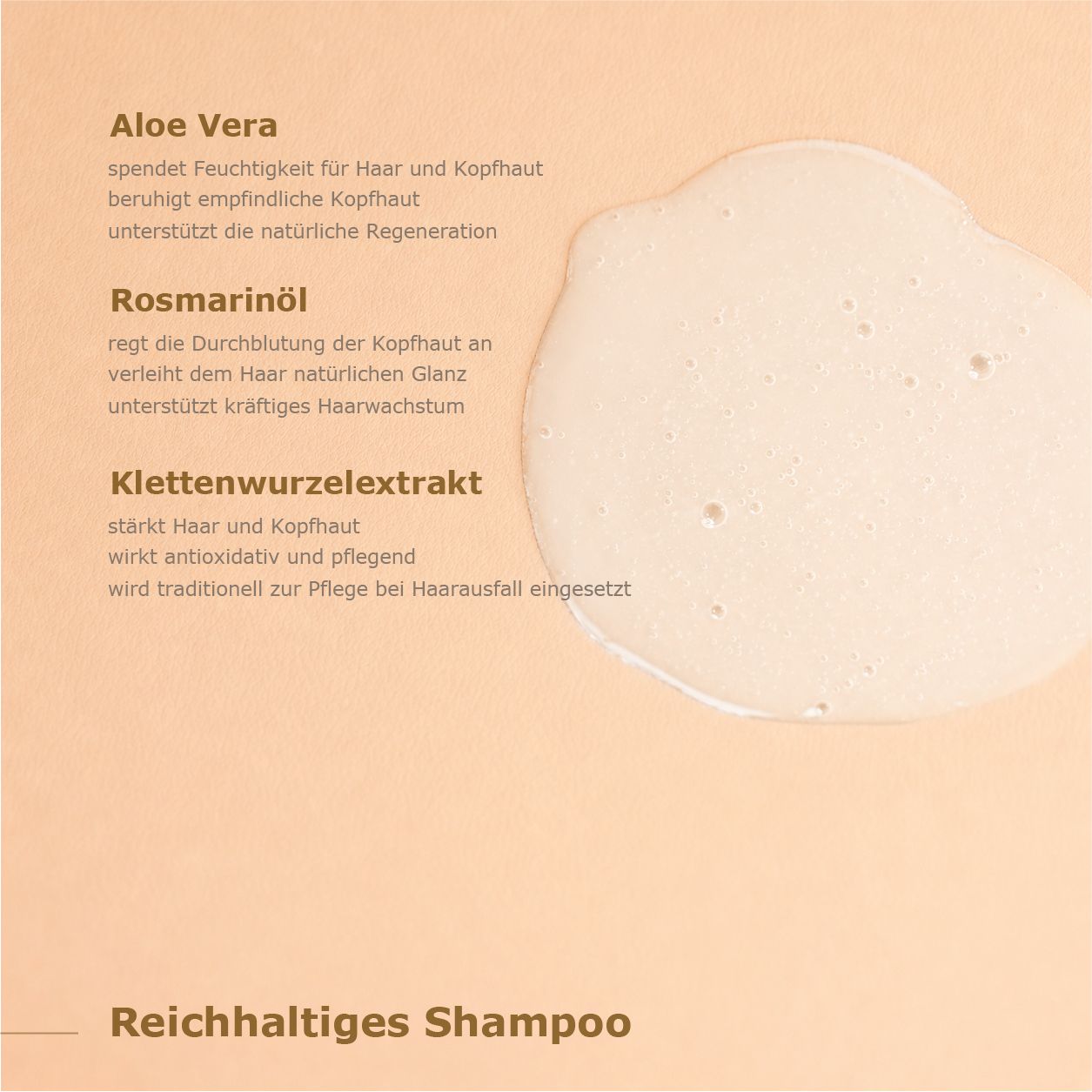 Text über Aloe Vera, Rosmarinöl und Klettenwurzelextrakt für reichhaltiges Shampoo.