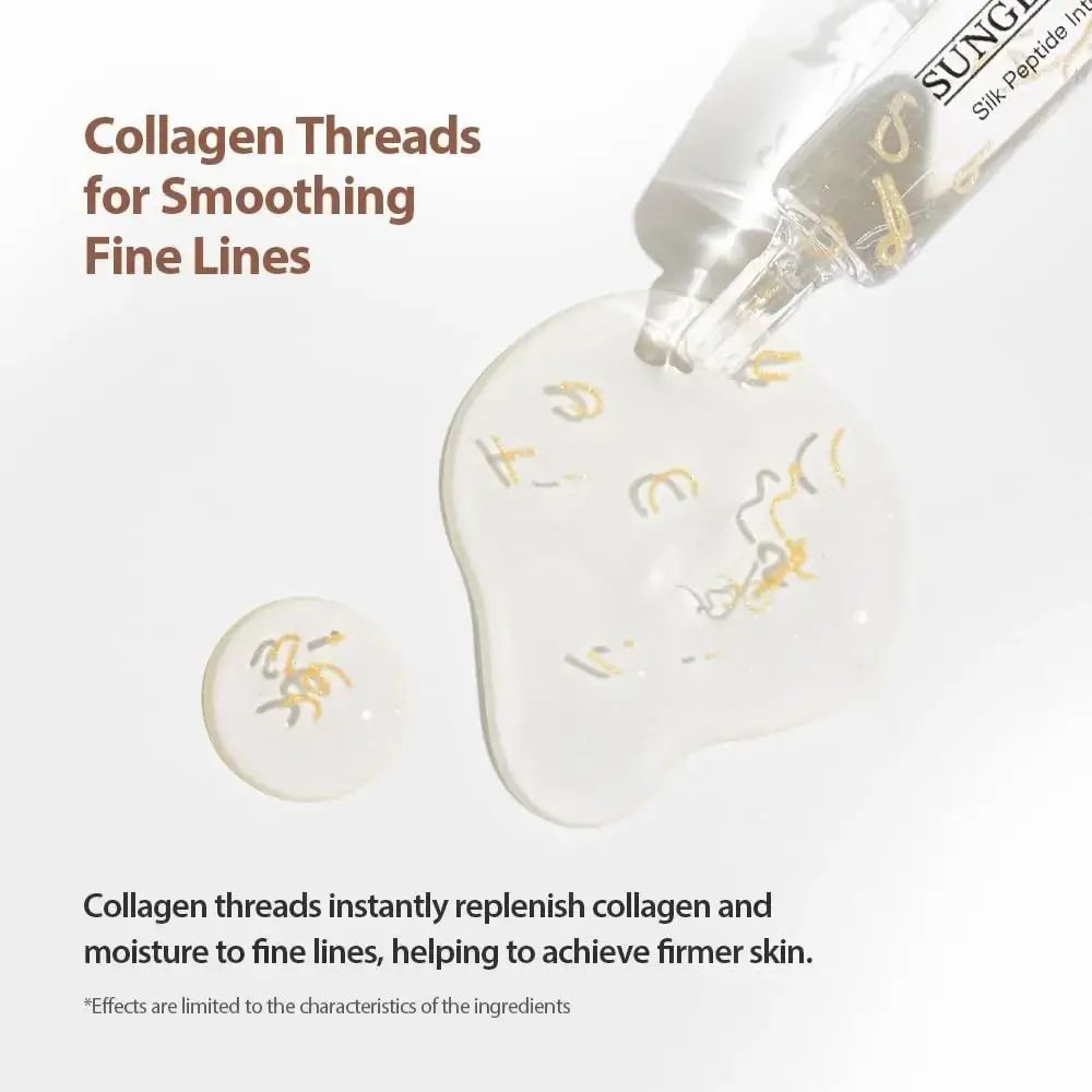 Nahaufnahme von Flüssigkeit mit Kollagenfäden. Text: Collagen Threads for Smoothing Fine Lines. Weißer Hintergrund.