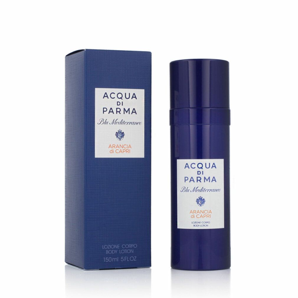 Blaues Körperlotion-Flakon und -Verpackung. Aufschrift: Acqua di Parma, Blu Mediterraneo, Arancia di Capri. Weißes Etikett.
