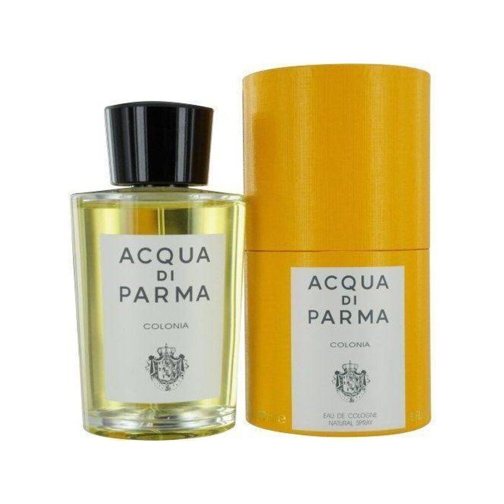 Glasflakon und zylindrische Verpackung. Aufschrift: Acqua di Parma Colonia. Logo und Text auf weißem Etikett.