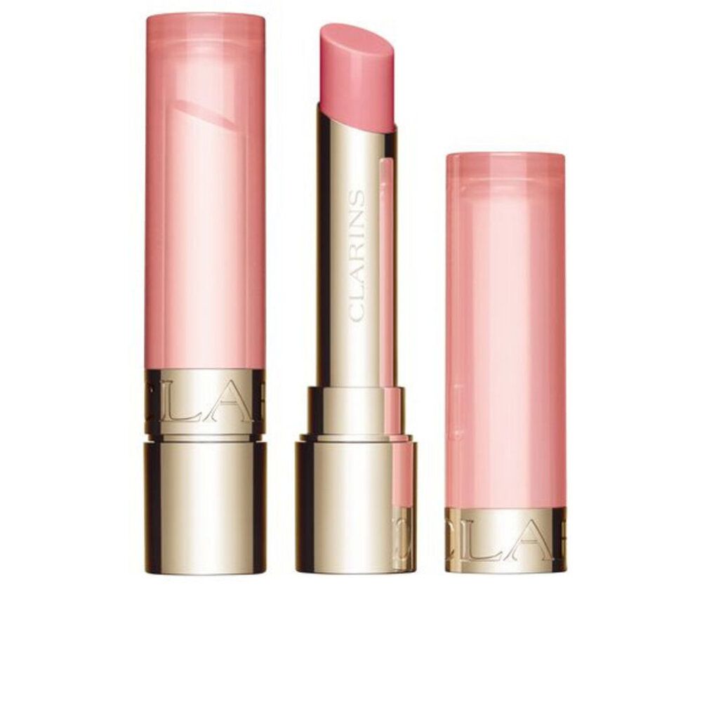 Lippenbalsam mit rosa Stift und Hülle. Marke Clarins sichtbar. Geöffnet und geschlossen dargestellt.