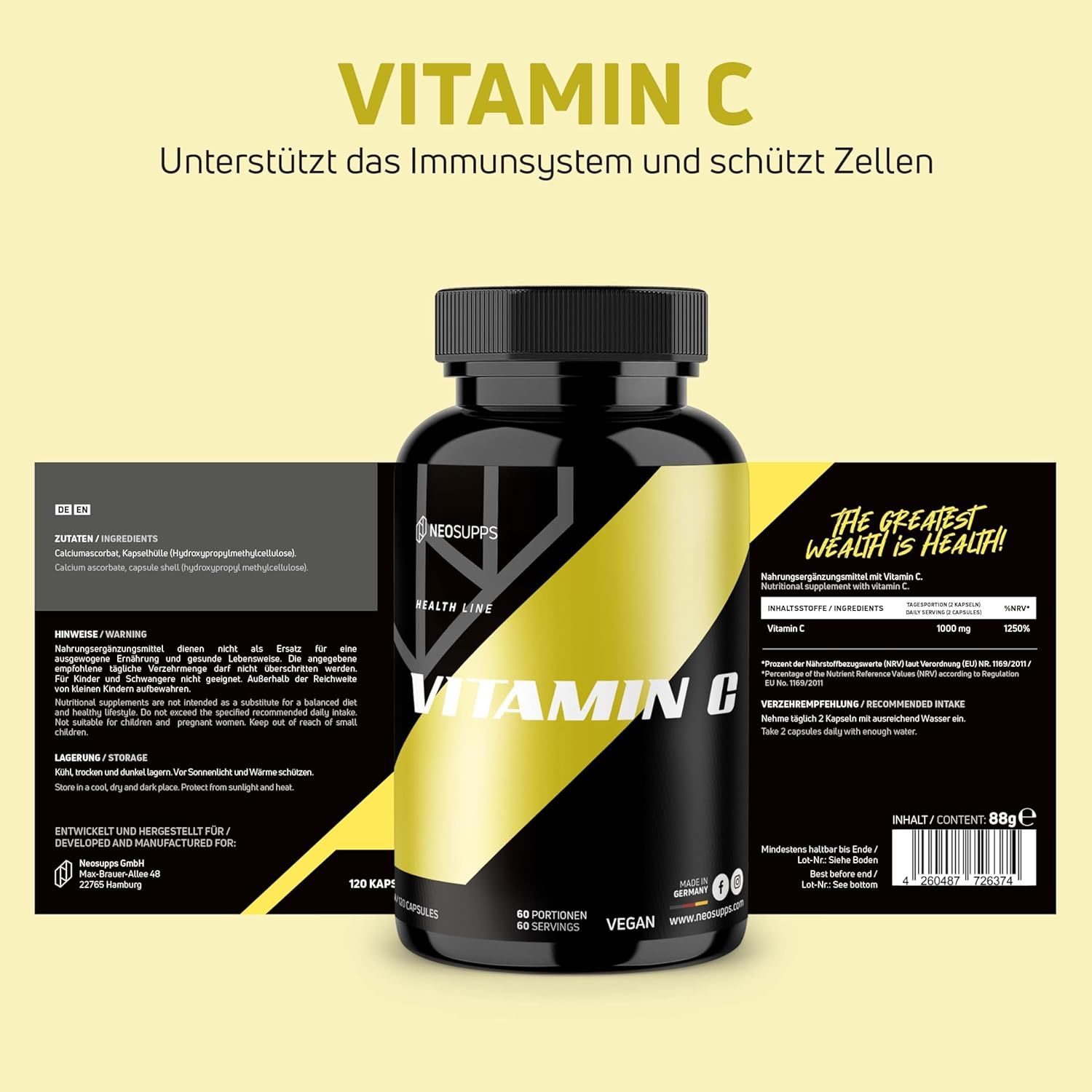 Schwarze Flasche mit gelbem Streifen und Aufschrift Vitamin C. Produktinformationen auf der Rückseite. 120 Kapseln.