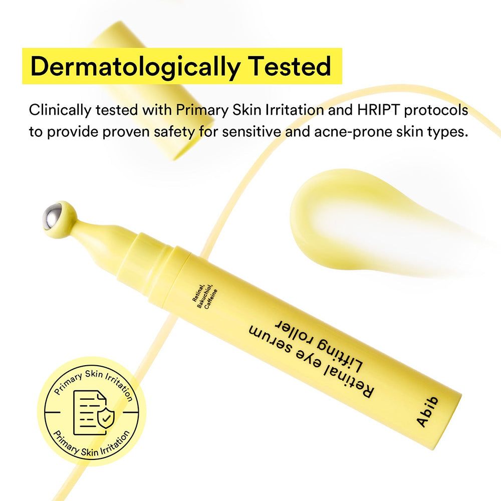 Gelber Augenroller mit Metallapplikator. Beschriftung: 'Retinal eye serum lifting roller', 'Abib'. Dermatologisch getestet.