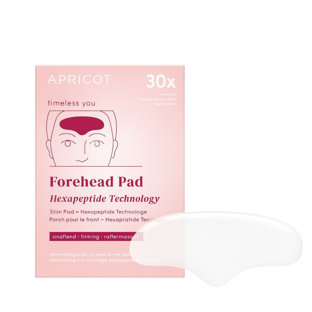 Rosa Verpackung mit Produktname APRICOT, Forehead Pad, Hexapeptide Technology. Ein durchsichtiges Stirn Pad liegt daneben.