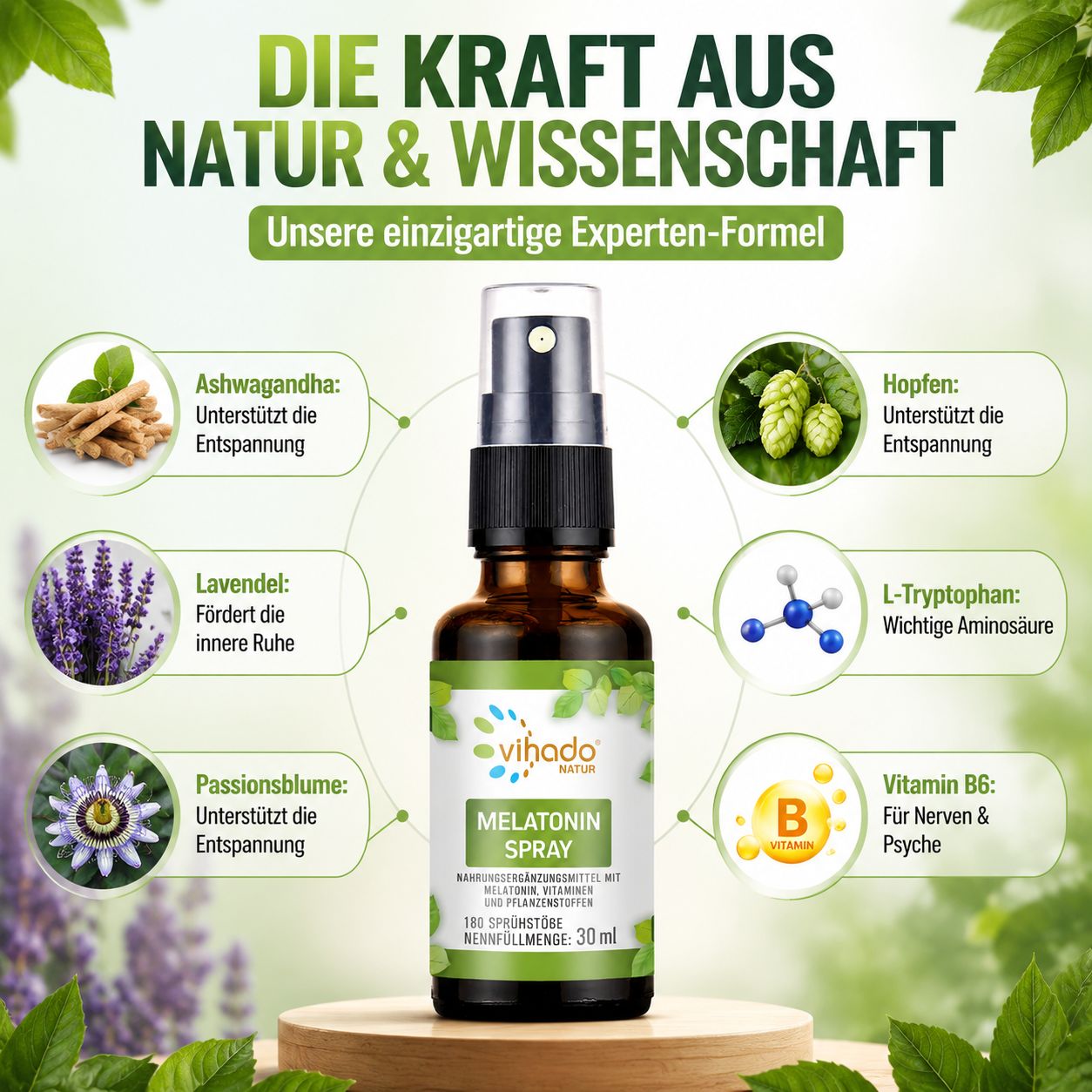 Vihado Melatonin Spray mit Inhaltsstoffen wie Ashwagandha, Hopfen, Lavendel, L-Tryptophan, Vitamin B6.