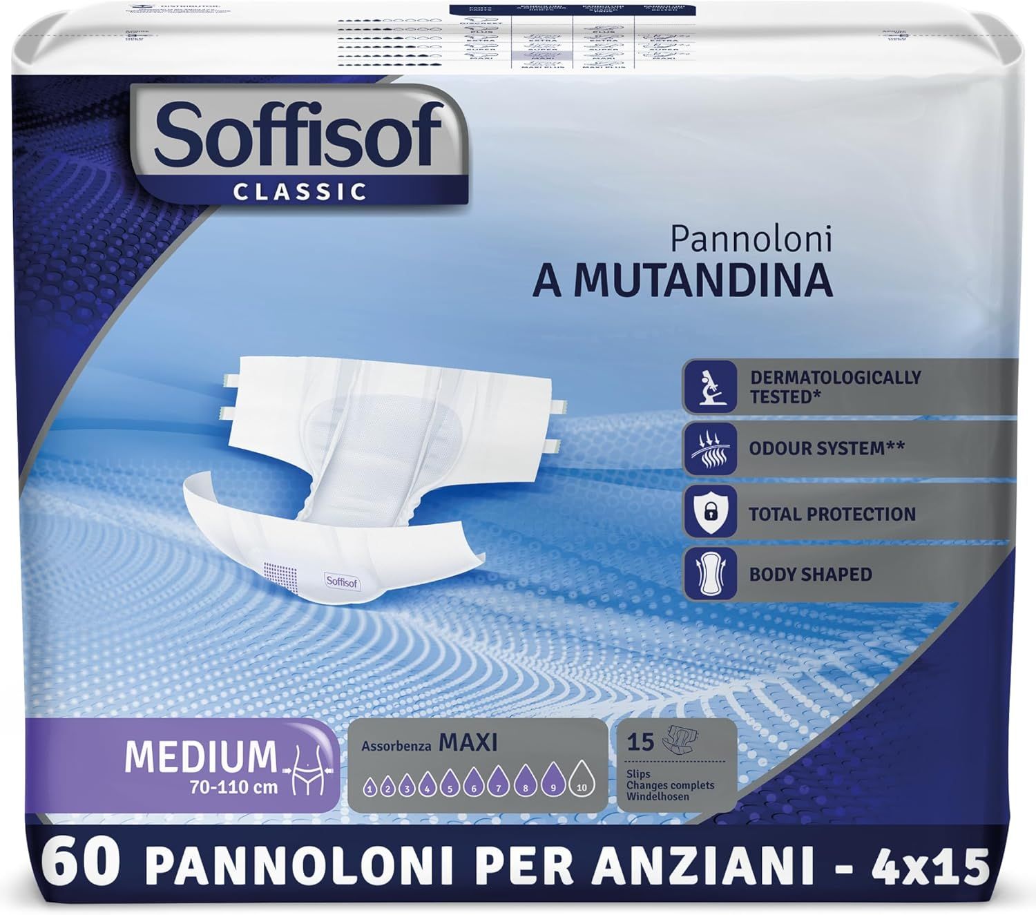 Soffisof Classic Windeln für Erwachsene Maxi. Medium, 70-110 cm. 60 Stück. Dermatologisch getestet, Geruchssystem, Totaler Schutz, körpergerecht.