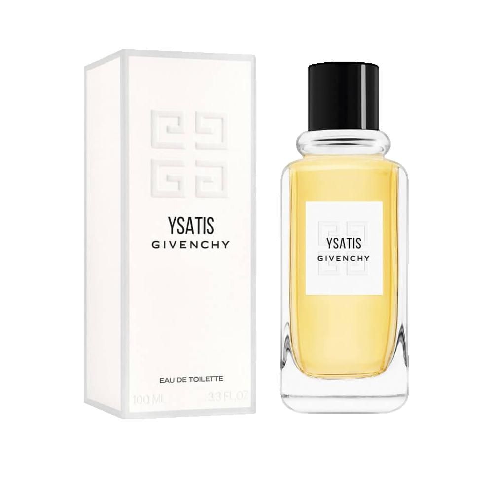 Ysatis Givenchy Eau de Toilette Flakon und Verpackung. Rechteckige Flasche mit schwarzem Verschluss. Weiße Verpackung.