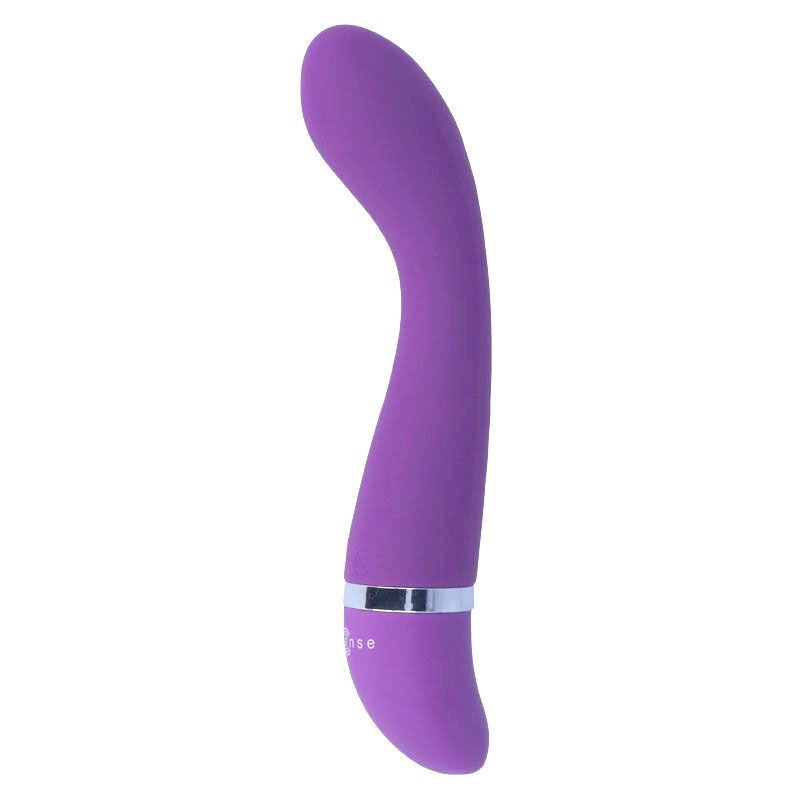 Lila Vibrator mit geschwungener Form. Silberfarbener Ring am unteren Ende. Marke "Intense" sichtbar.