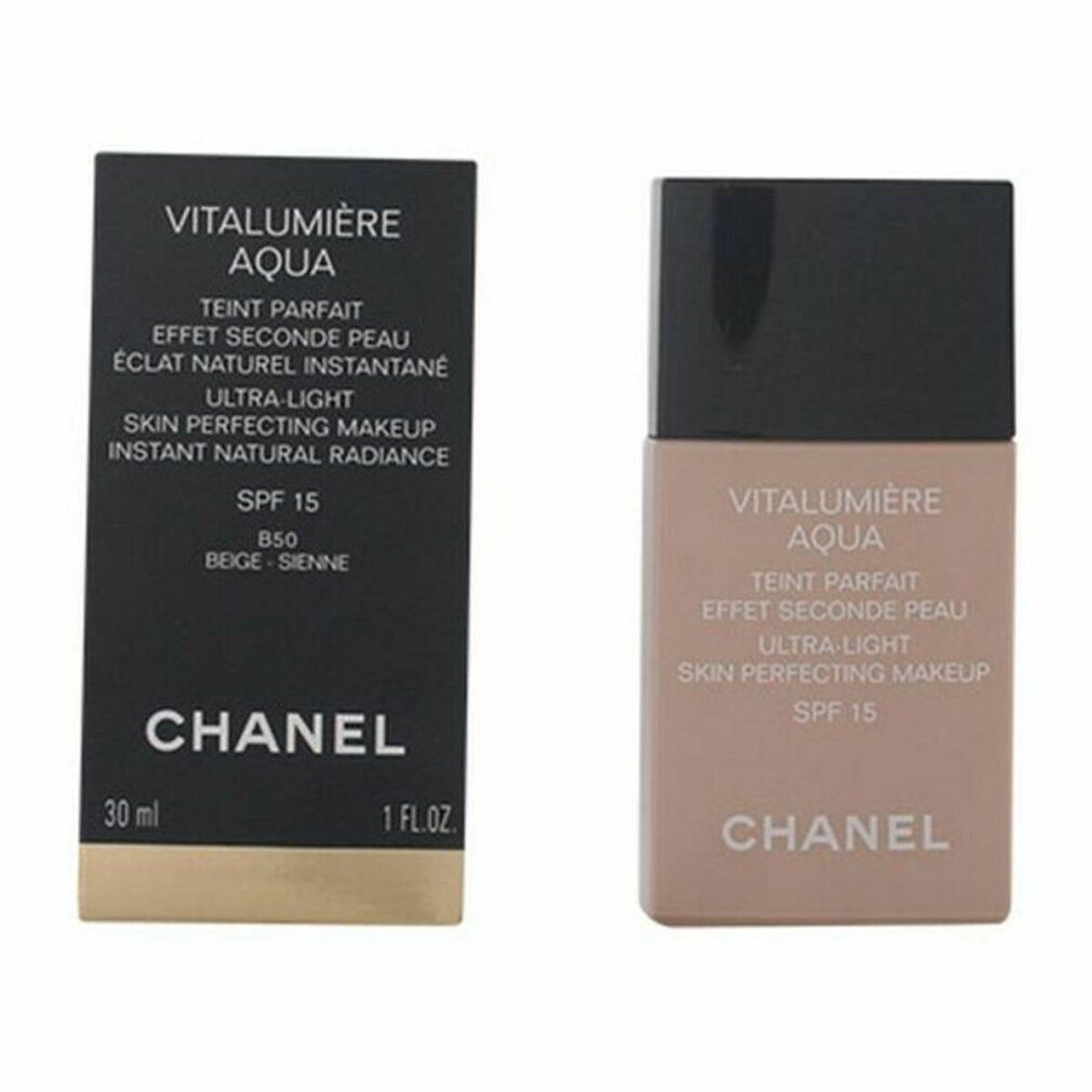 Chanel Vitalumiere Aqua Make up SPF 15. Flasche und Verpackung. Text: B50 Beige-Sienne, 30 ml, 1 FL.OZ, Chanel, Vitalumiere Aqua, SPF 15.