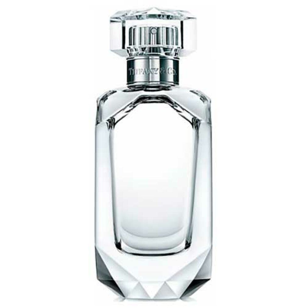 Transparente Parfumflasche mit silbernem Verschluss. Auf dem Verschluss steht "Tiffany & Co.".