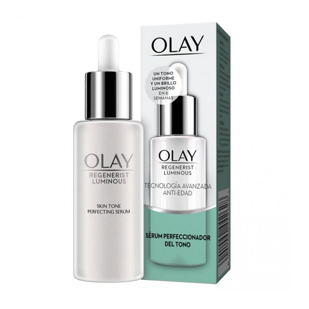 Olay Regenerist Luminoso Serum. Flasche mit Pipette und Verpackung. Text: Skin Tone Perfecting Serum, Anti-Edad.